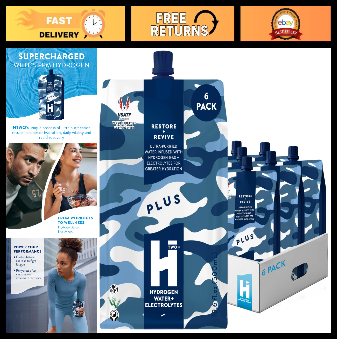 Hydrogen Water with Electrolytes 6-Pack, Unflavored, Sugar Free, Energy Drink, 1