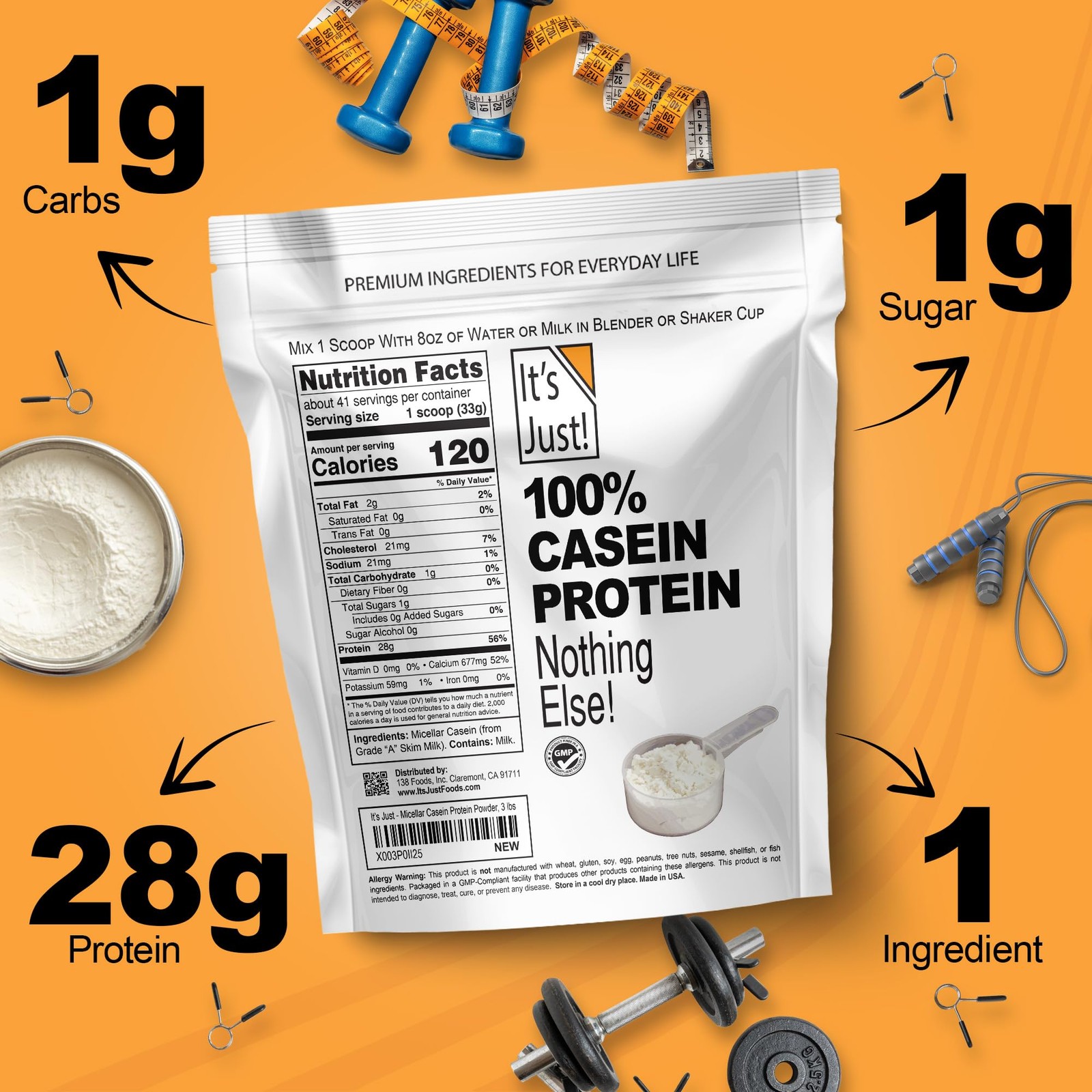 It’s Just! – 100% Casein Protein Powder, Made in USA, One 1 Pound (Pack of 1)