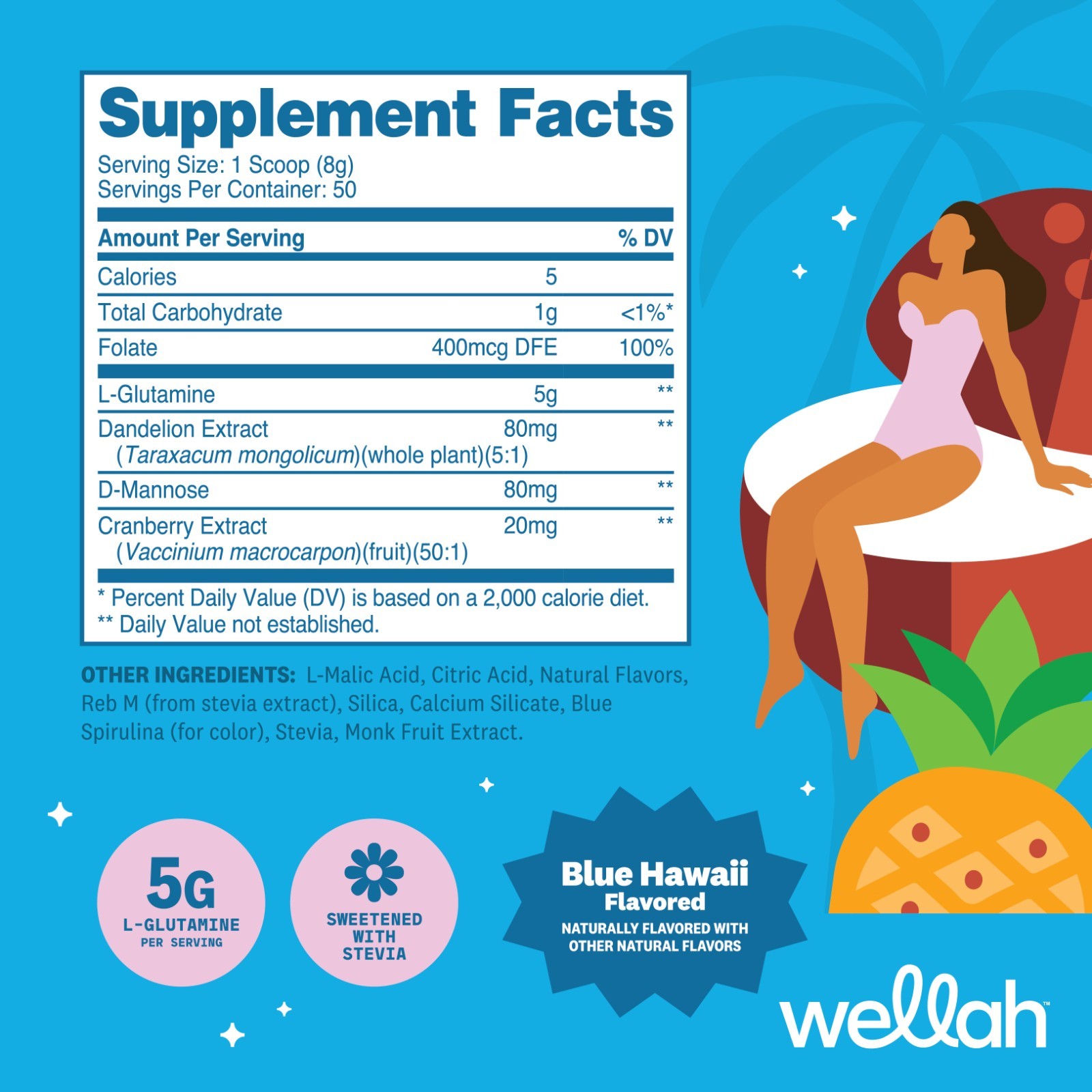 Wellah L-Glutamine Blue Hawaii Powder (50 Servings) – 5g L-Glutamine Per Serving