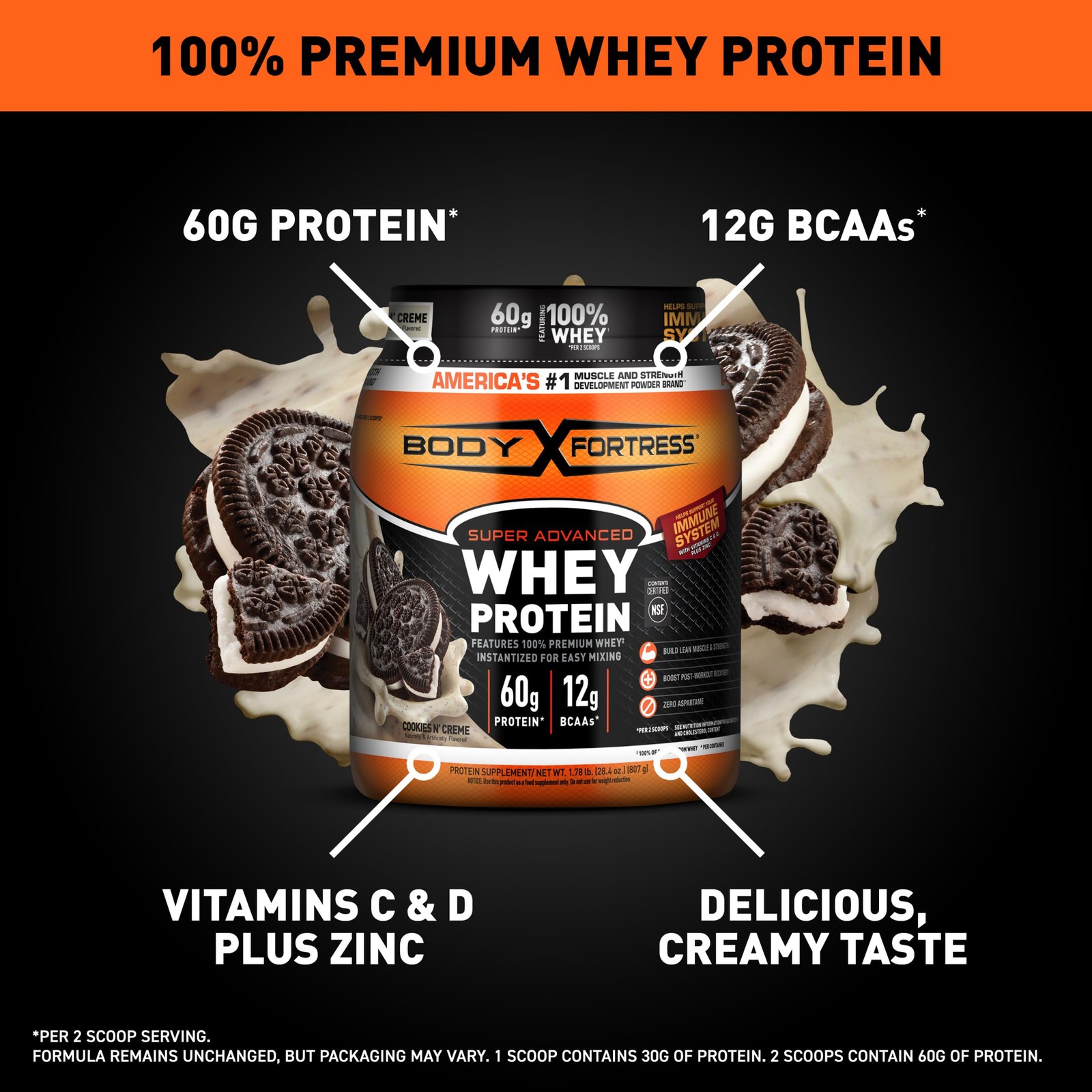 Super Advanced Whey Protein Powder, Cookies N’ Creme, 60g Protein 12g BCAAs …