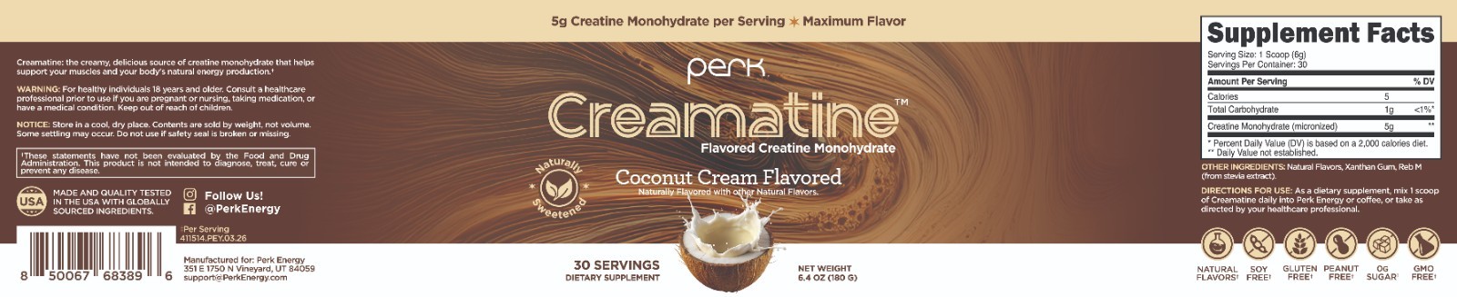Perk Creamatine (Coconut Cream) 30 Servings – Flavored Creatine Monohydrate, 5g