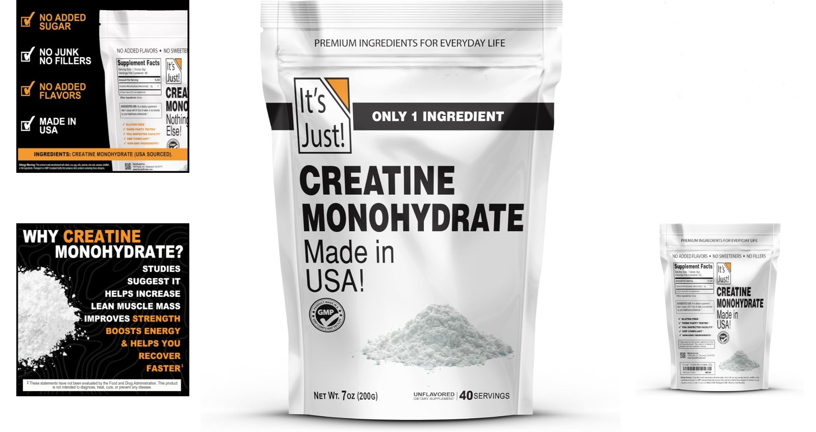 Creatine Monohydrate Powder 5g Servings 200g Unflavored, Lab Tested, No Fillers