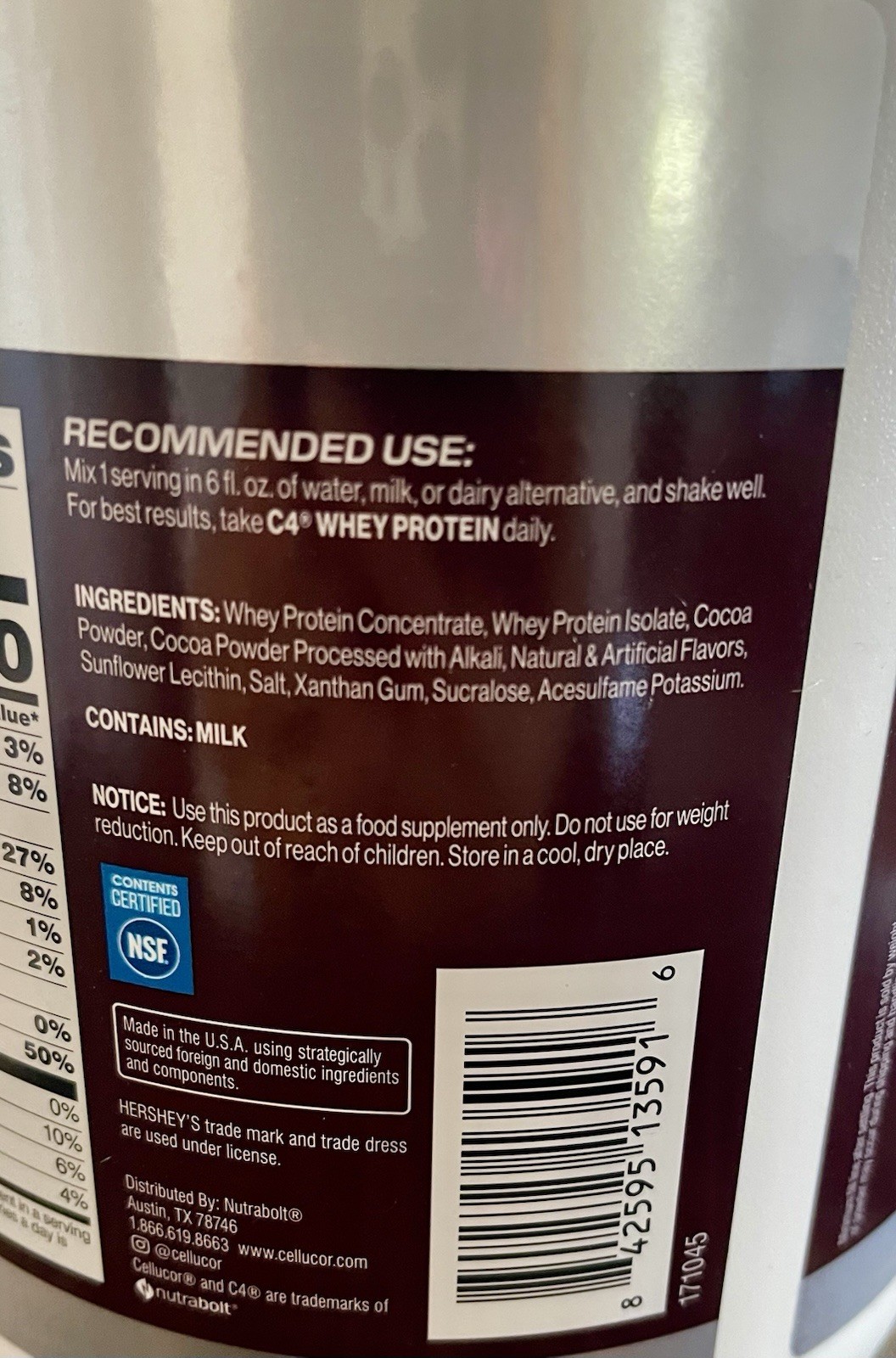C4 Whey Protein, Hershey’s Milk Chocolate , 25g Protein/28servings