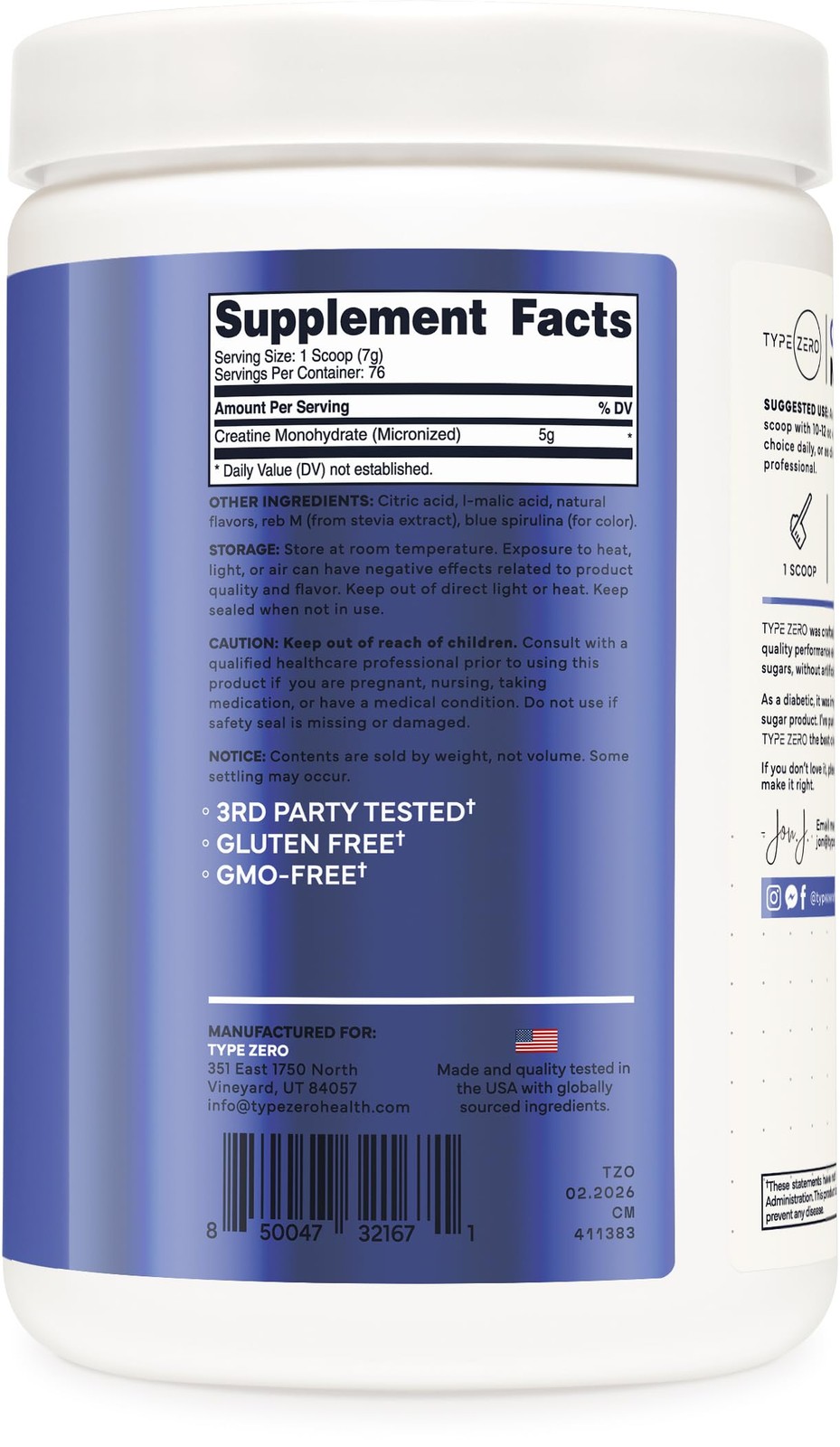 Creatine Monohydrate Powder 500 Grams, Blue Raspberry Flavor – Gluten-Free