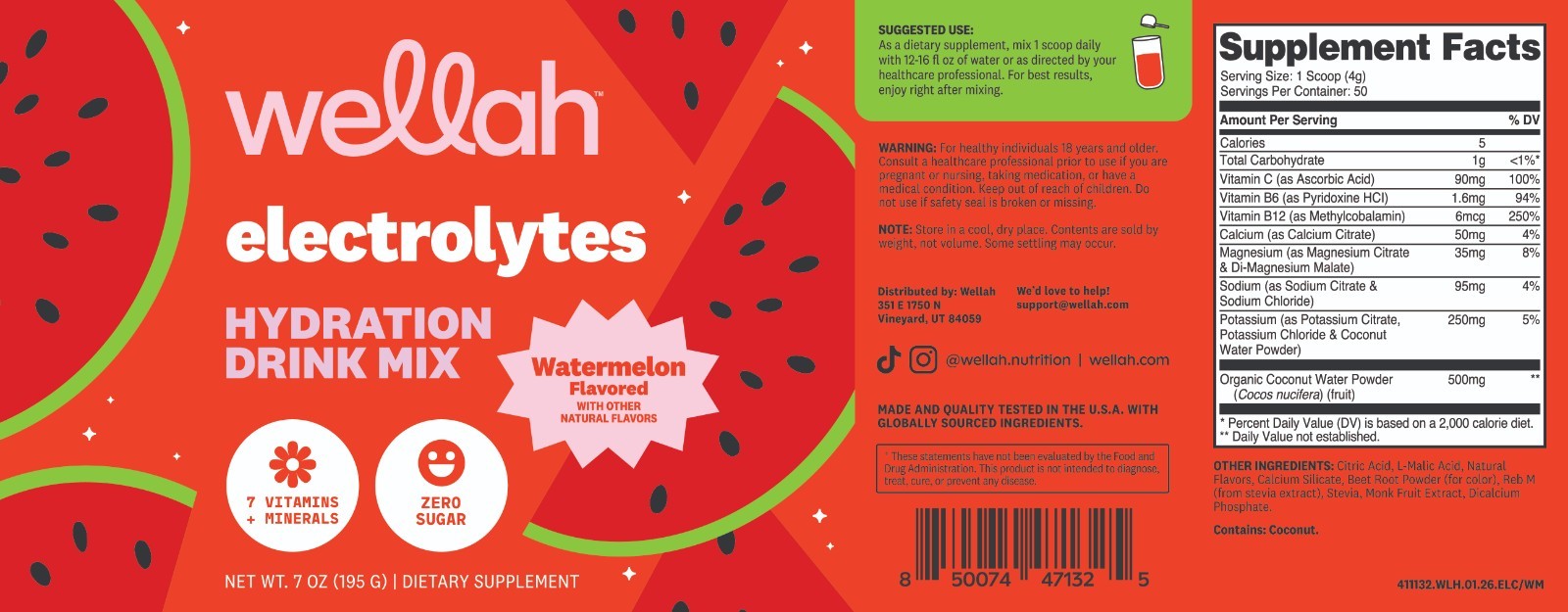 Wellah Electrolytes Powder (Watermelon) 50 Servings – Hydration Drink Mix