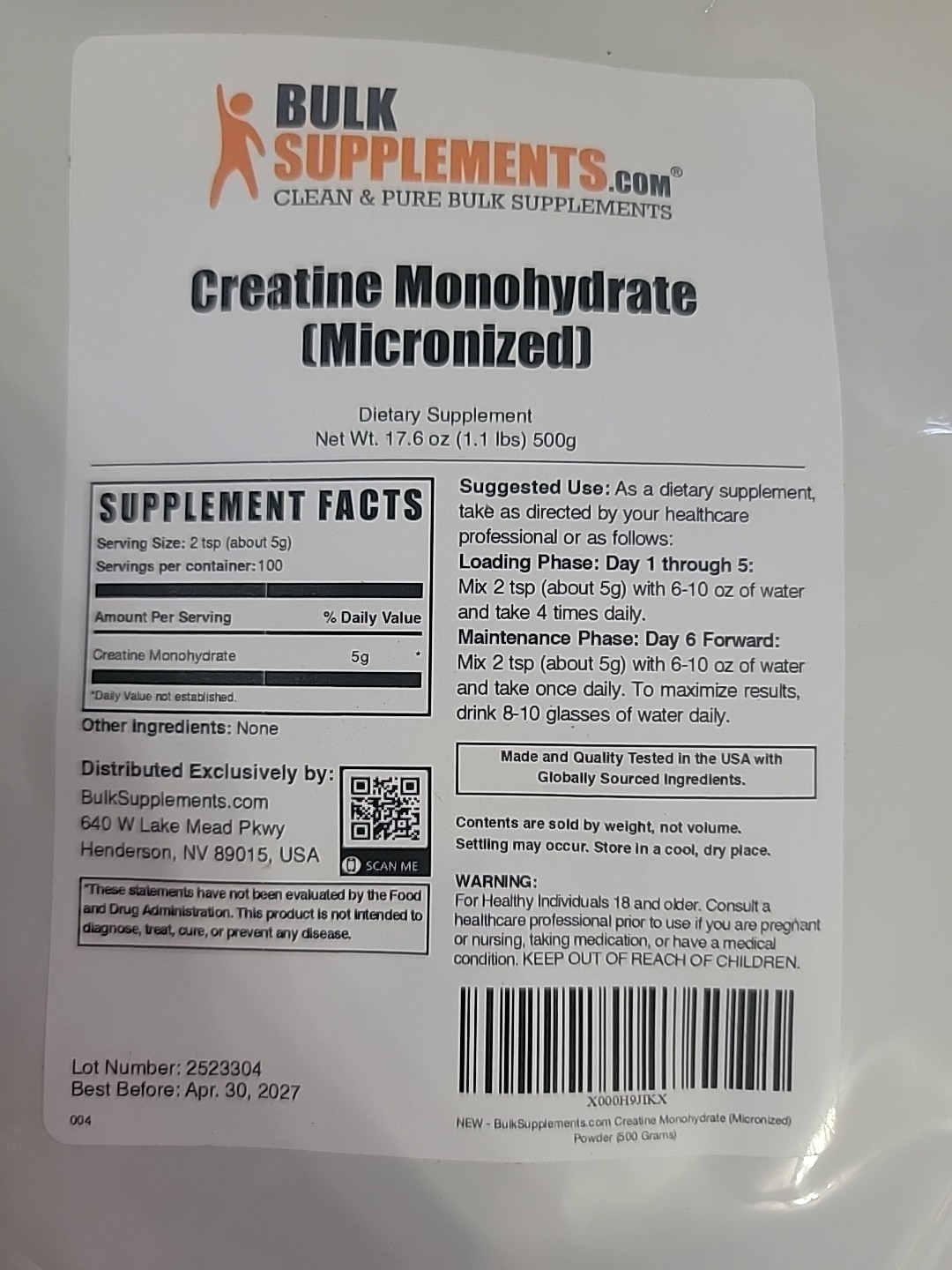 BulkSupplements Pure Micronized Creatine Monohydrate Powder 1.1 lbs 100 serving