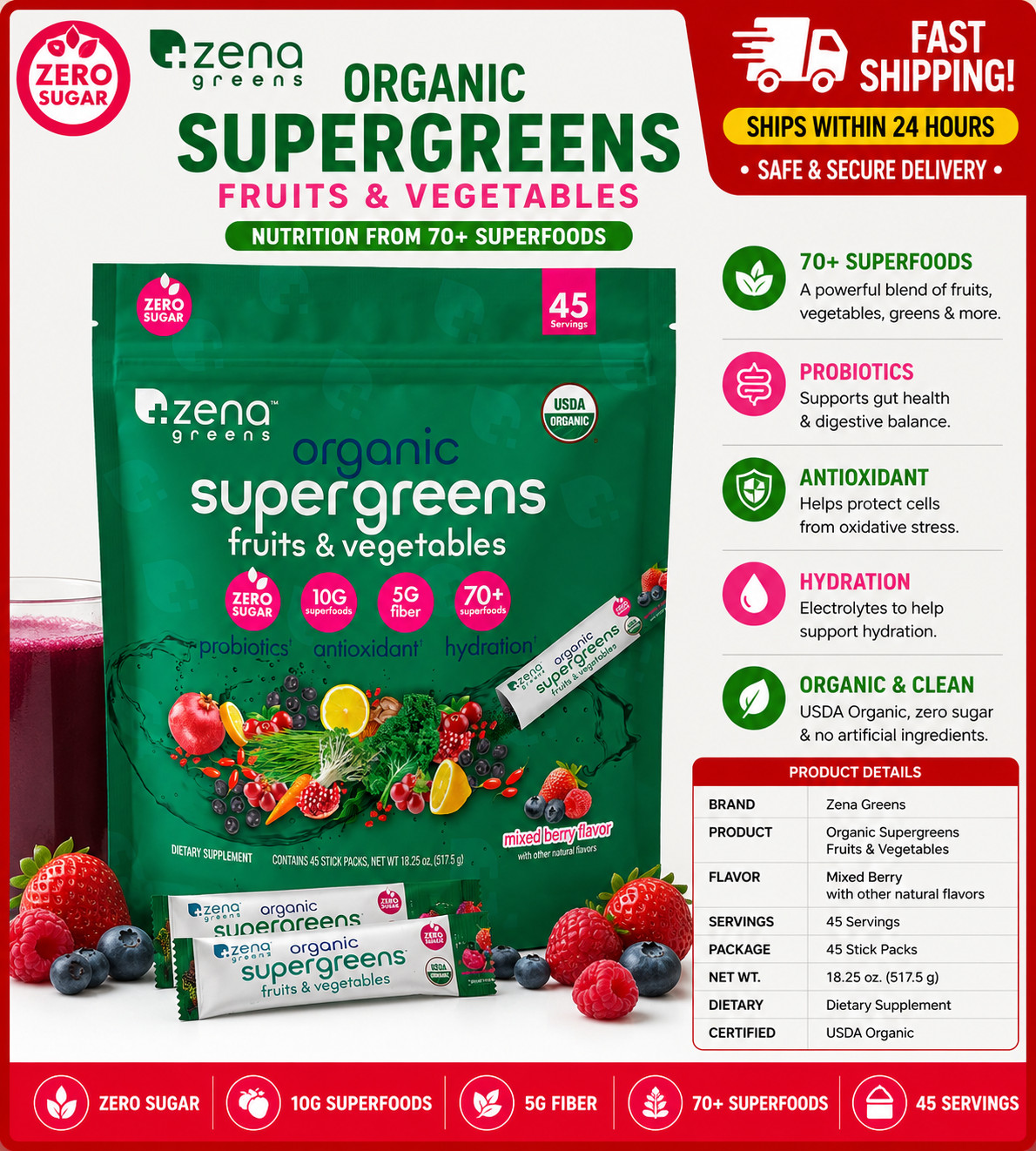 Zena USDA Organic Supergreens Fruits & Vegetables Powder, 45 Stick Packets