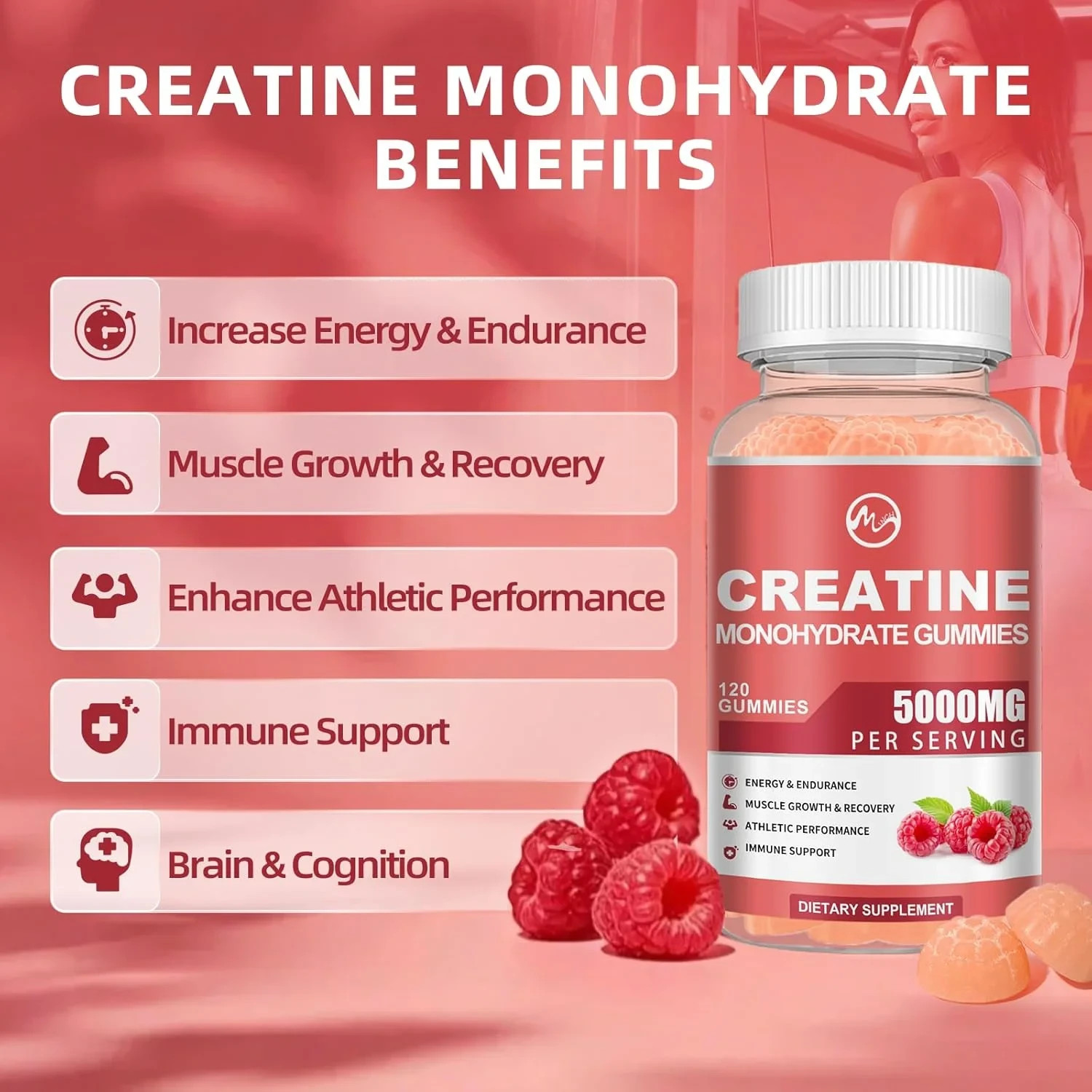 2 x Creatine Monohydrate Gummies 200000mg w/Taurine 500mg L-Glutamine,Berry-240