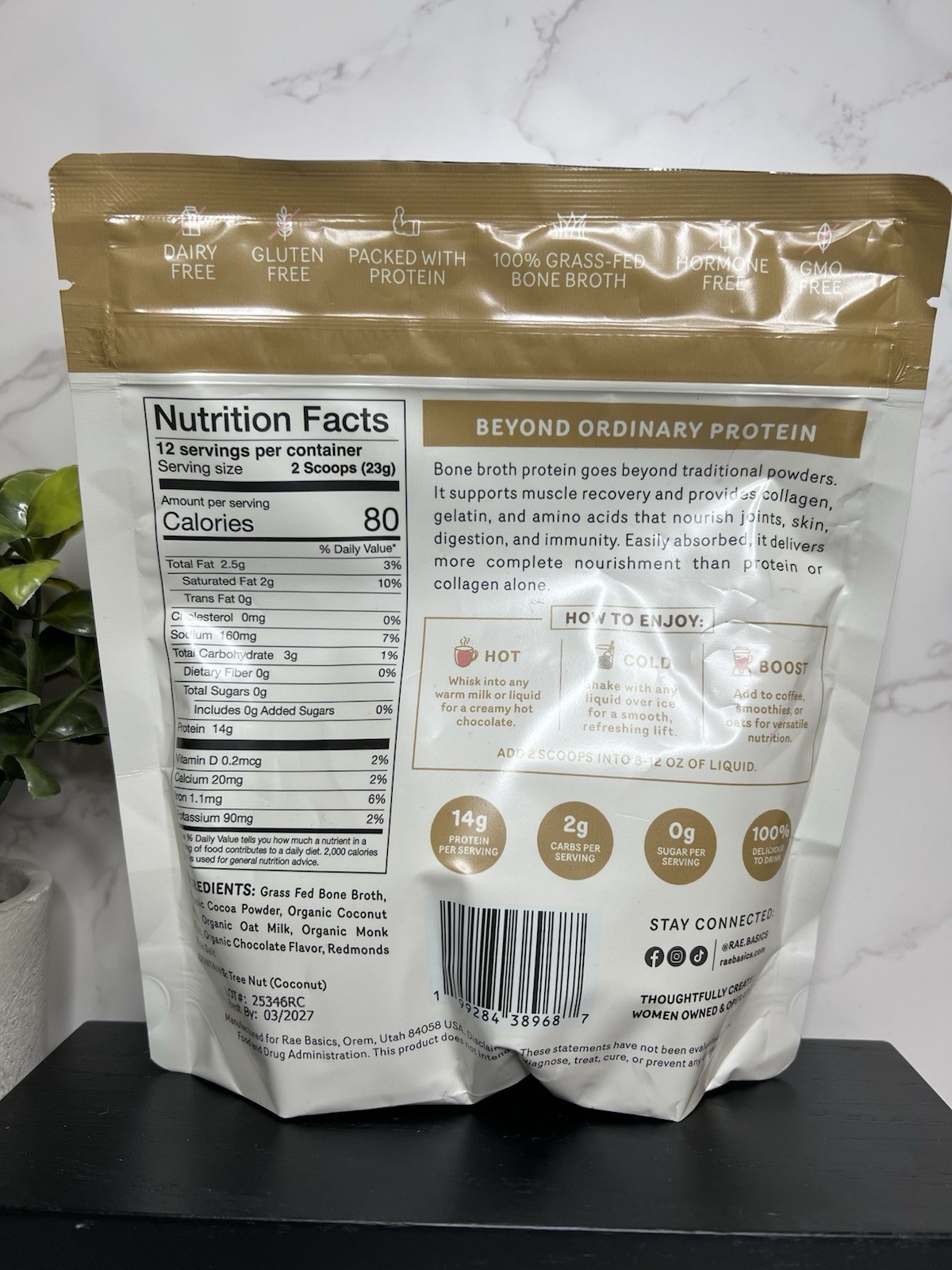 Rae Basics Bone Broth Protein Powder Chocolate 8.8oz 12 Serv Exp 03/27