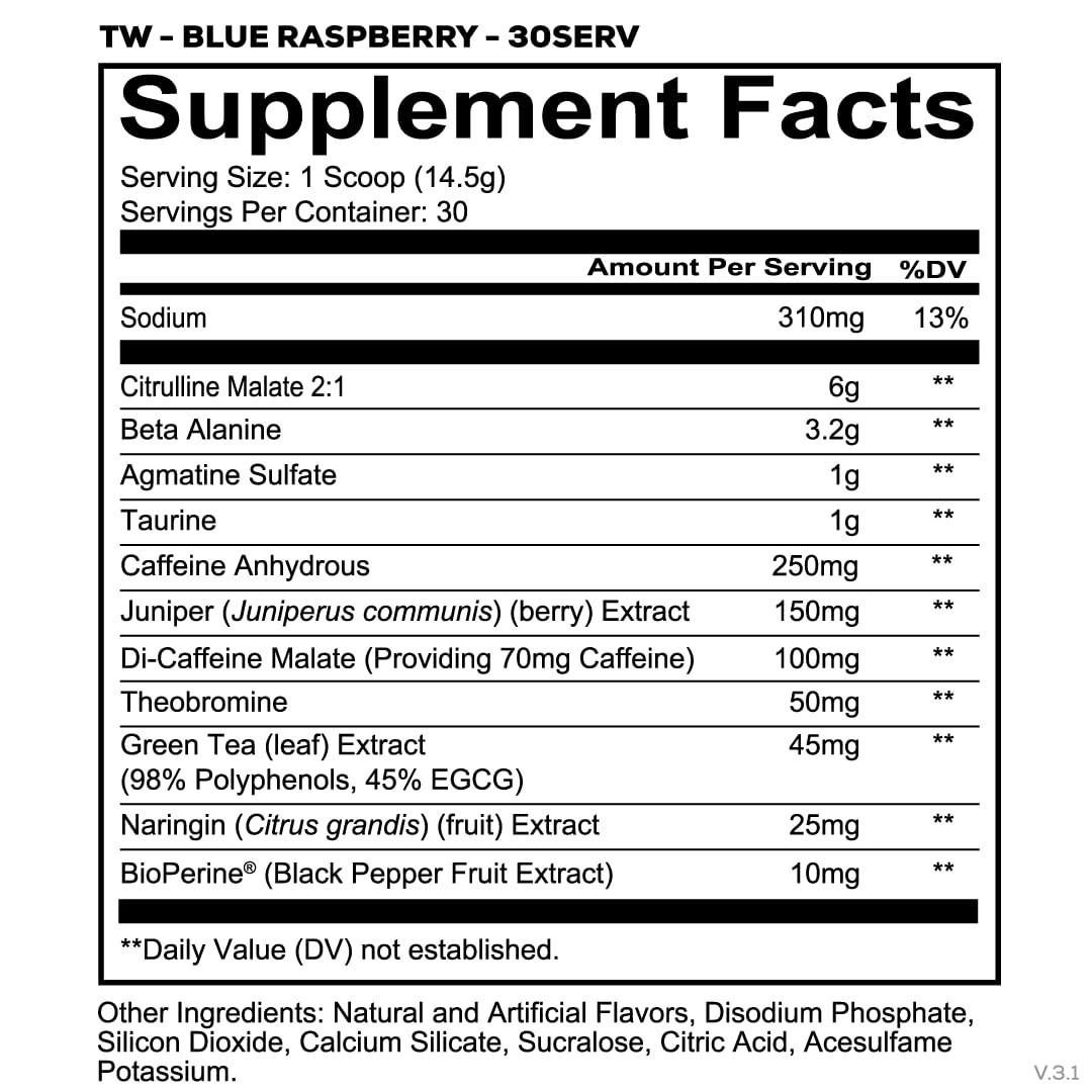 Total War Pre Workout Powder – Blue Raspberry, 320mg Caffeine, Citrulline, Beta