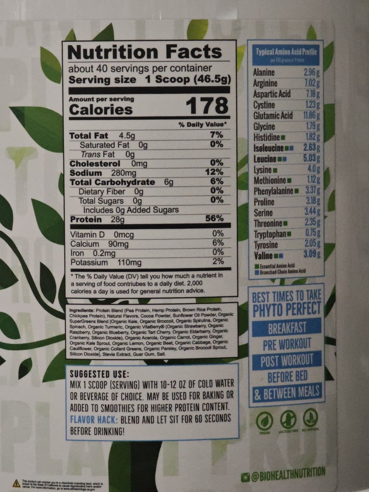 Plant Based Phyto Perfect Protein Superfoods 4lbs 42 Ser MINT BROWNIE BioHealth
