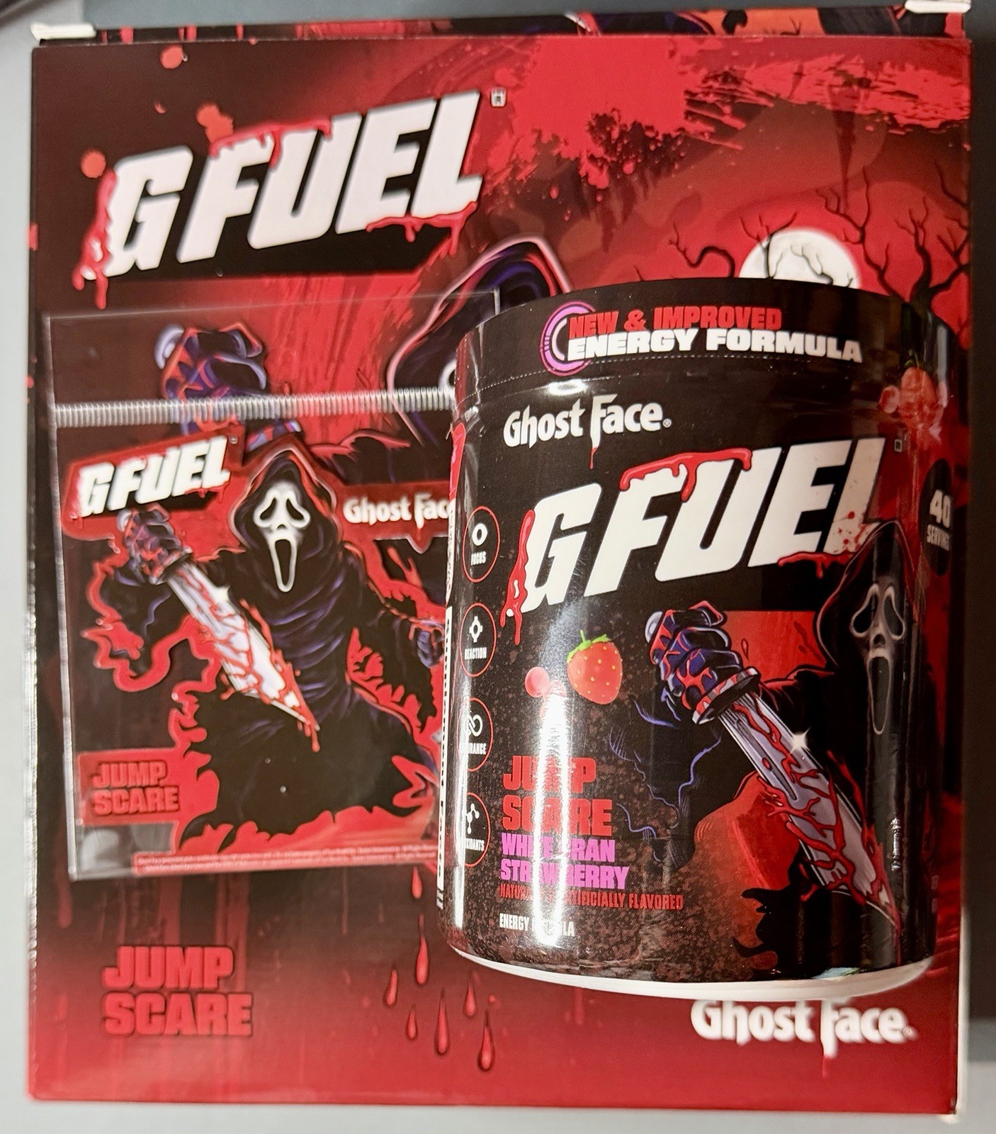 G Fuel Scream Ghost Face Jump Scare Collector’s Box,Tub, & Sticker