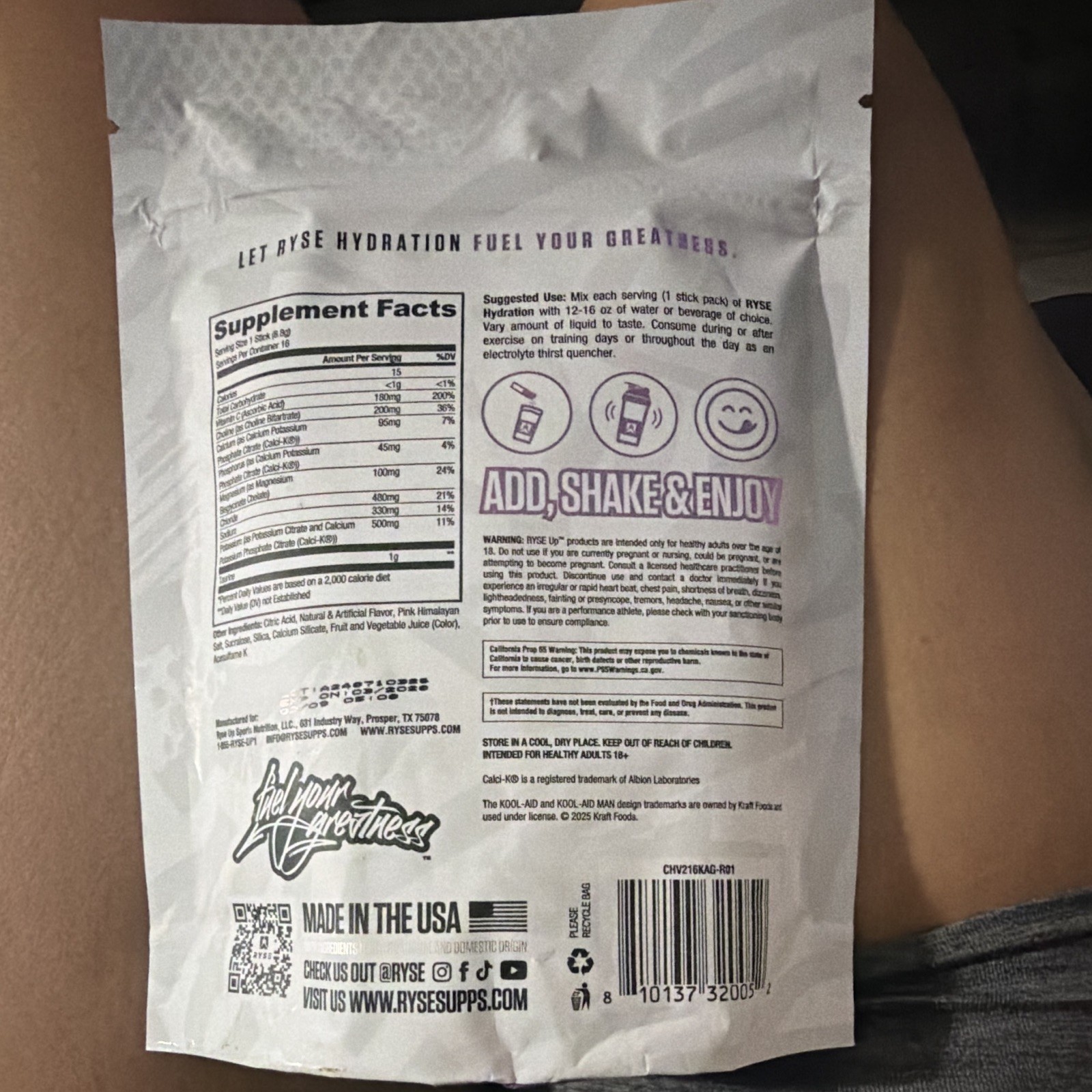 RYSE Hydration Sugar-Free Electrolyte Drink Mix Kool-Aid Grape 16 Sticks 4.8oz