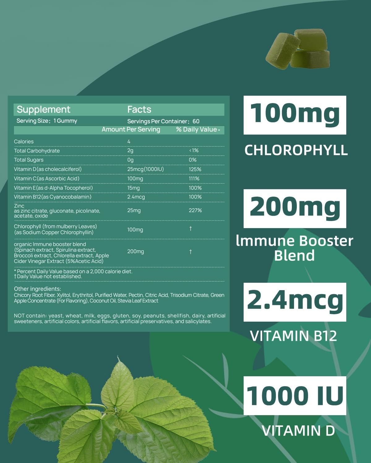 Chlorophyll Gummies for Body Odor Sugar Free 120 Count, Internal Deodorant Suppl