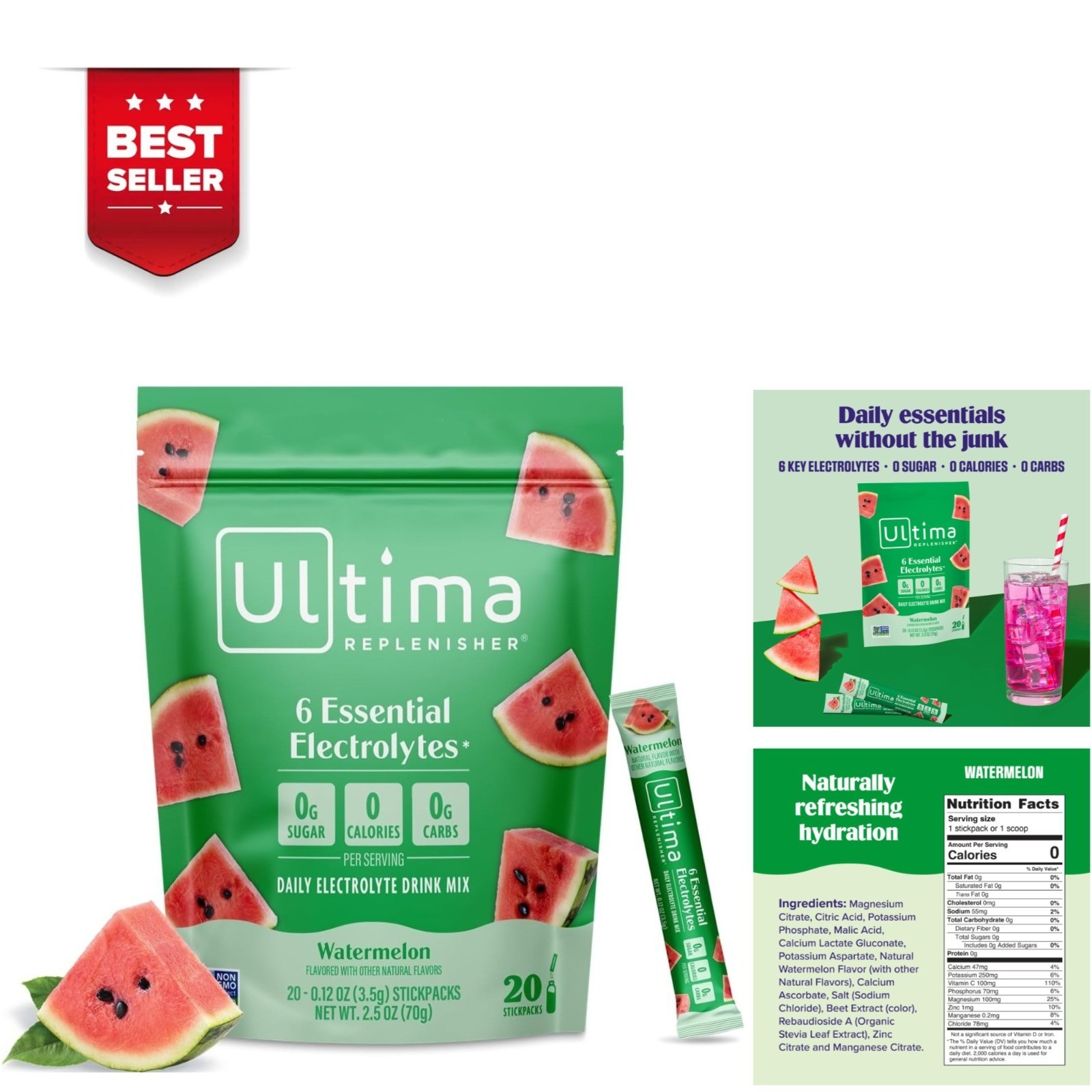Ultima Replenisher Electrolyte Powder – Watermelon, 20 Stickpacks
