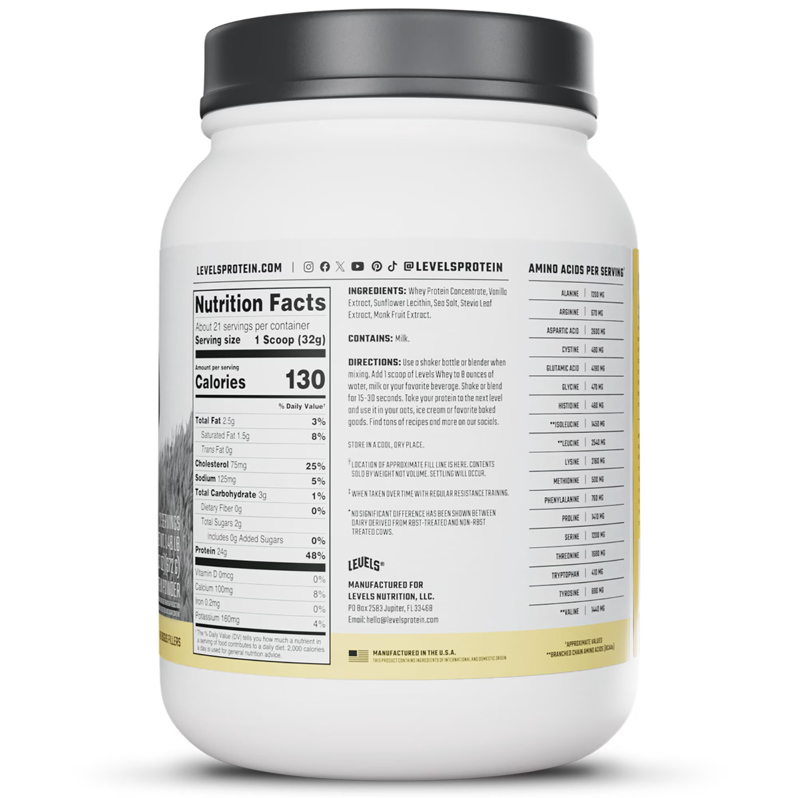 Levels Grass Fed Whey Protein Powder, No Artificials 24G of Protein Vanilla Be