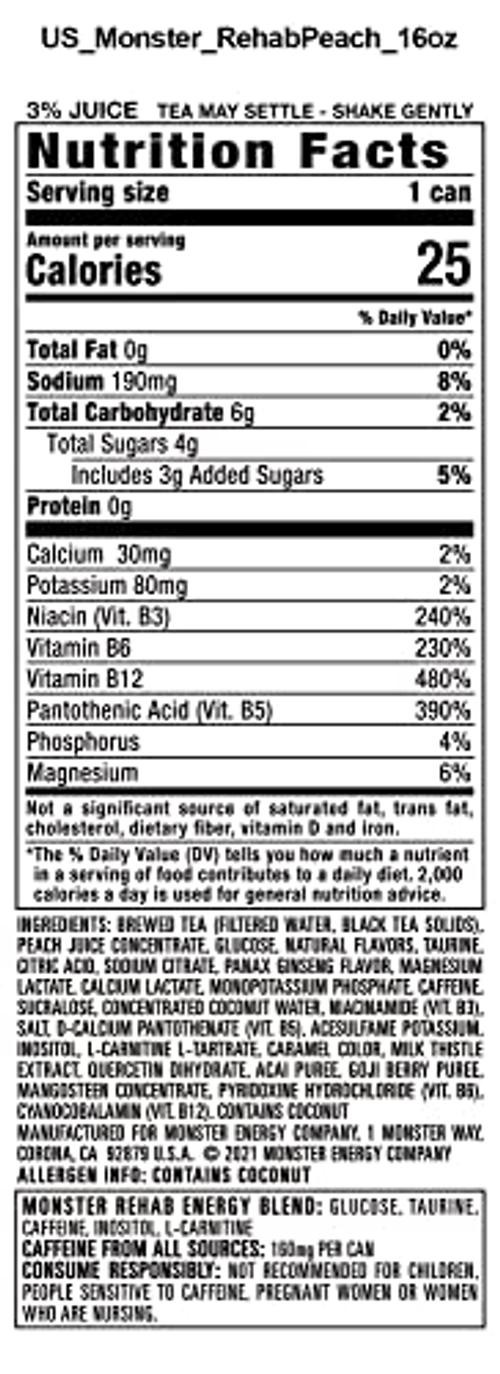 Rehab + Energy, Energy Drink, 15.5 Ounce | Energy Iced Tea, 15 Pack Peach Tea