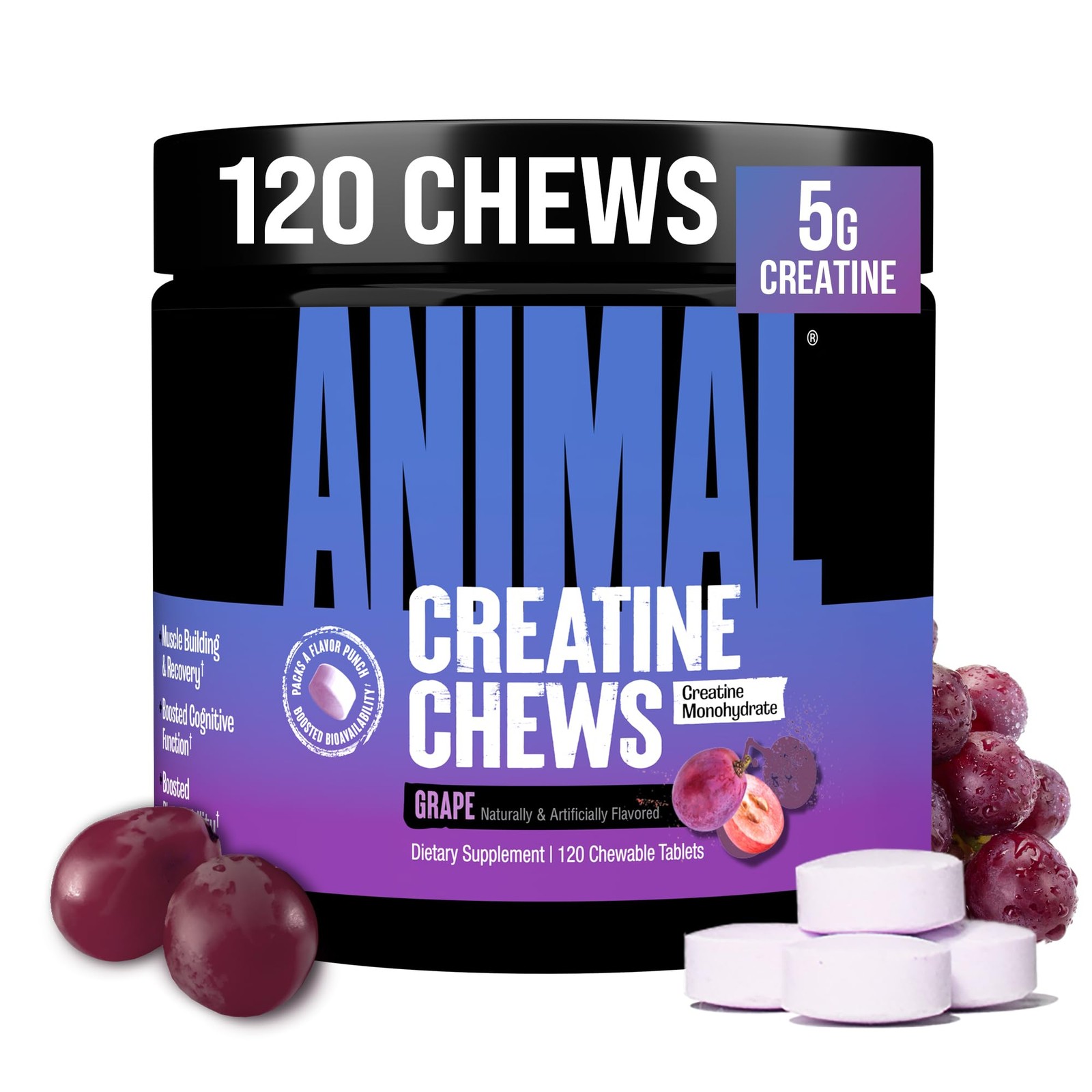 Animal Creatine Chews – 5g Monohydrate 120 Count (Pack of 1), Grape