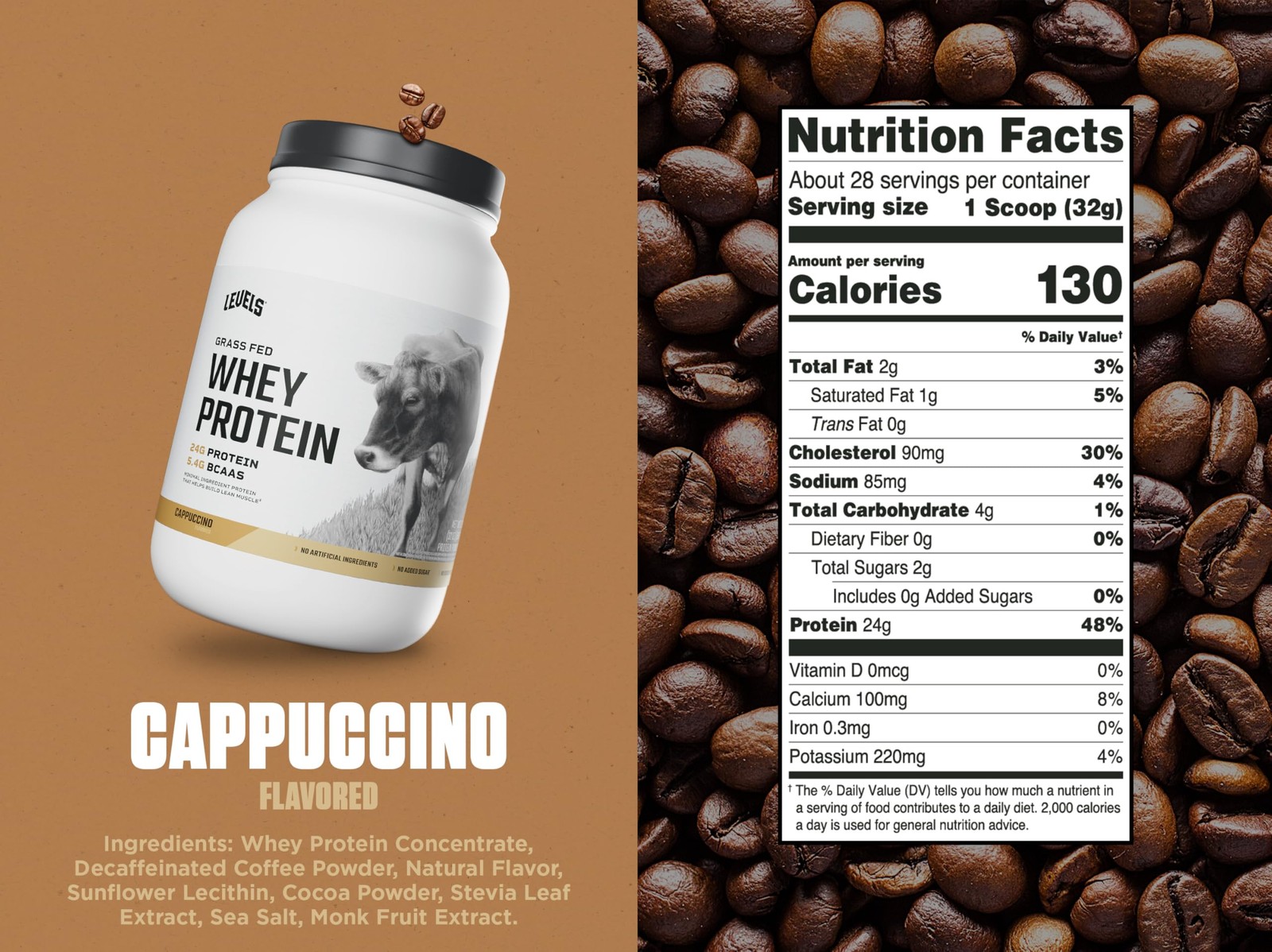 Levels Grass Fed Whey Protein Powder No Artificials 24G of Protein Cappuccino…