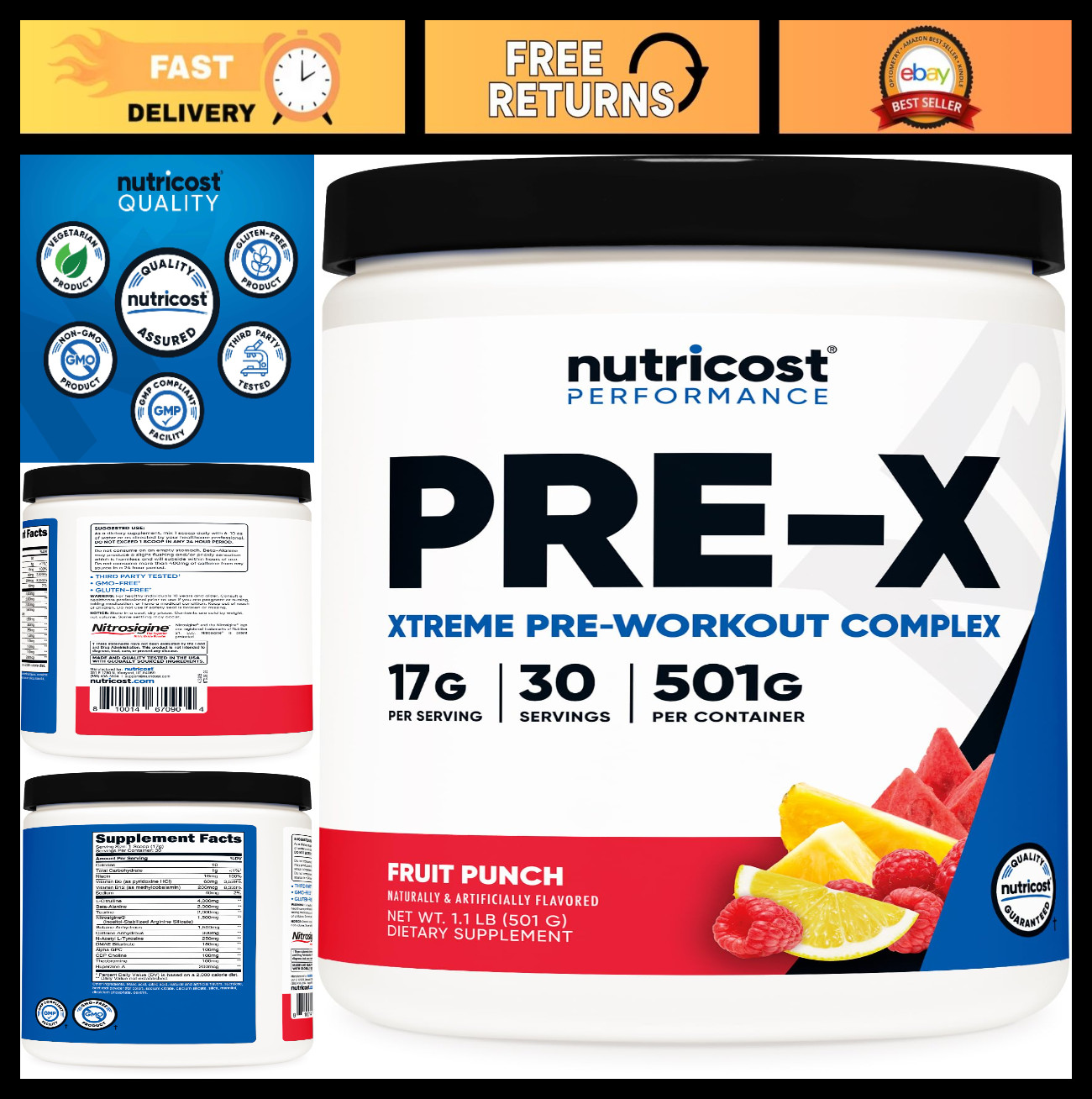 Pre-Workout Complex Powder – Fruit Punch, 30 Servings, Vegetarian, GMO-Free, Glu