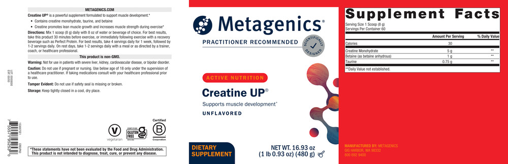 Metagenics Creatine UP 16.93 oz Powder for Muscle Development EXP 8/2027