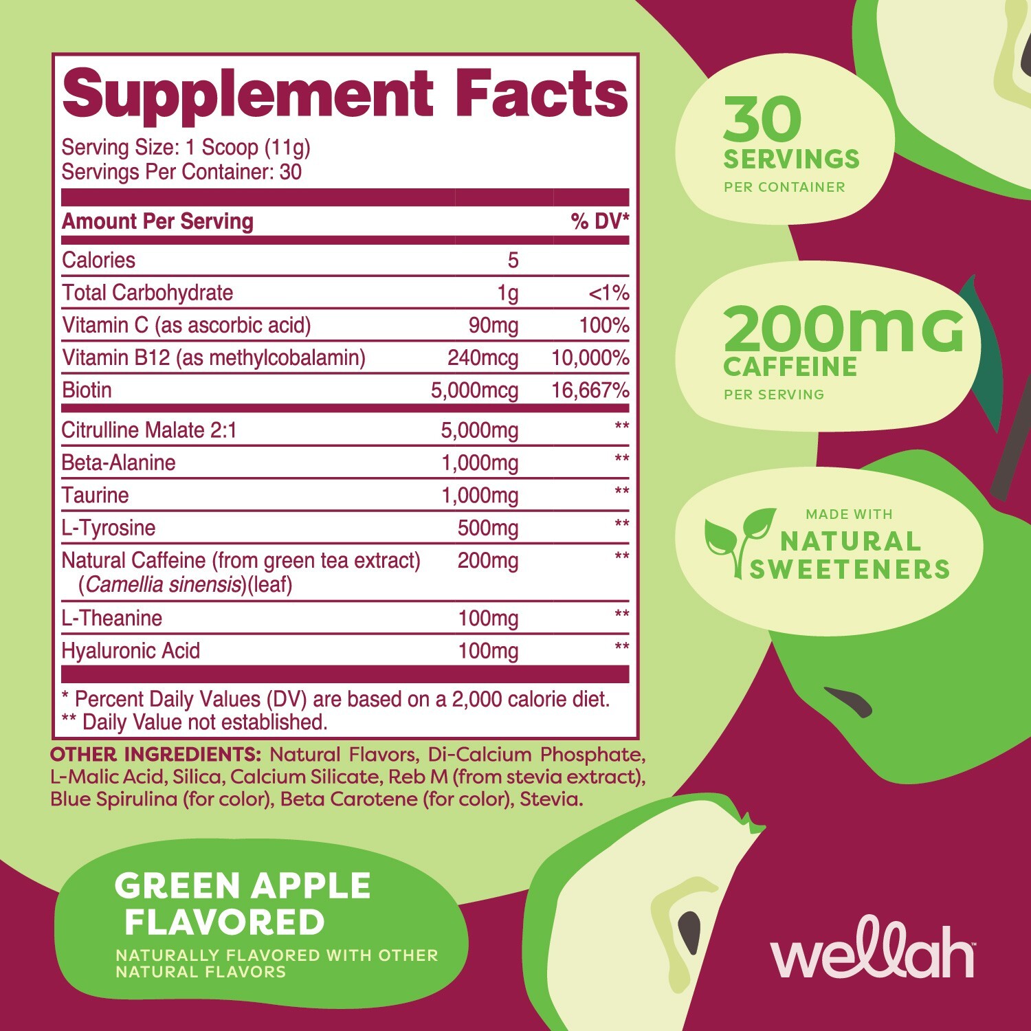 Wellah Get-Going Pre-Workout Drink Mix (Green Apple) – 200mg Natural Caffeine