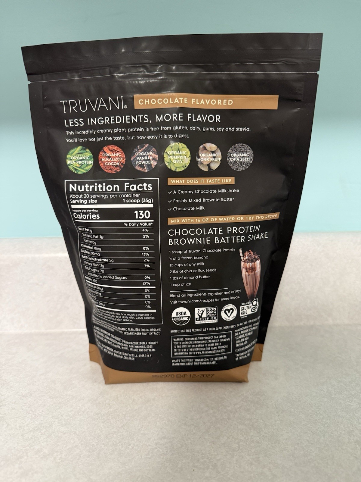 Truvani Organic Chocolate Plant Protein Powder 23.63 oz (20 Serv)
