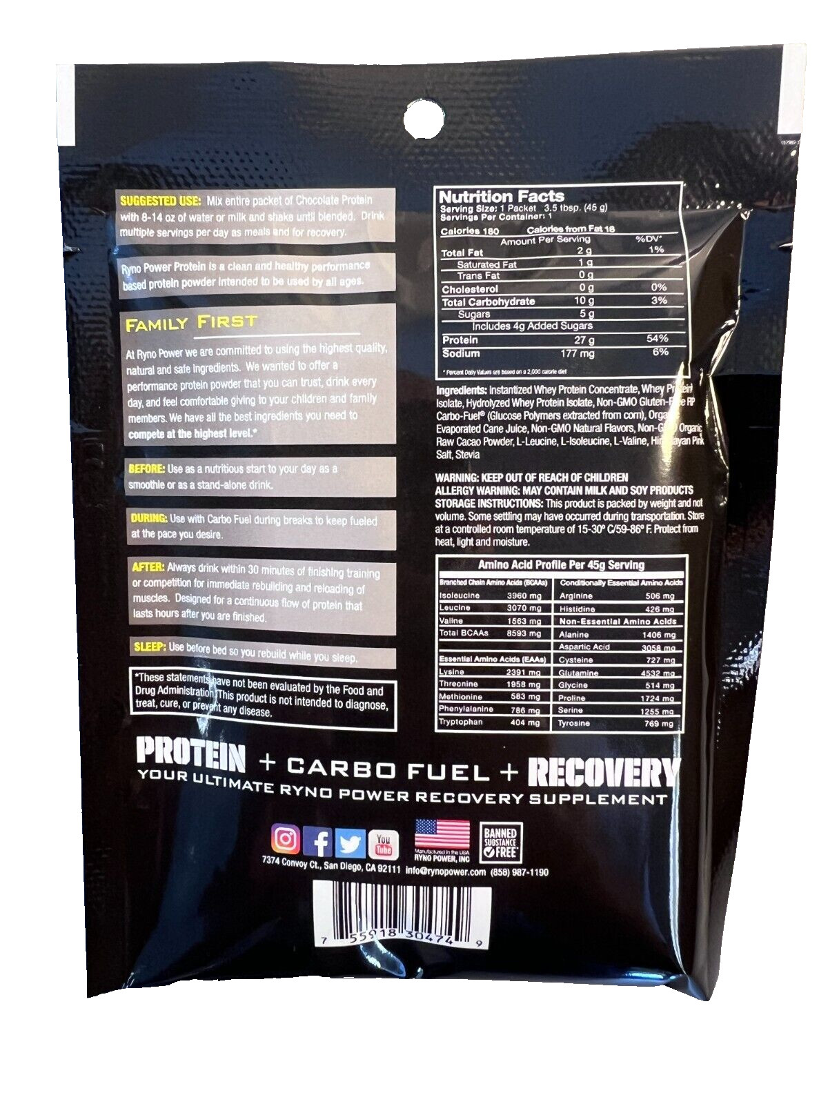 Ryno Power Chocolate Protein Powder 1 Serving Whey 27g 8.5g BCAA Recovery Drink