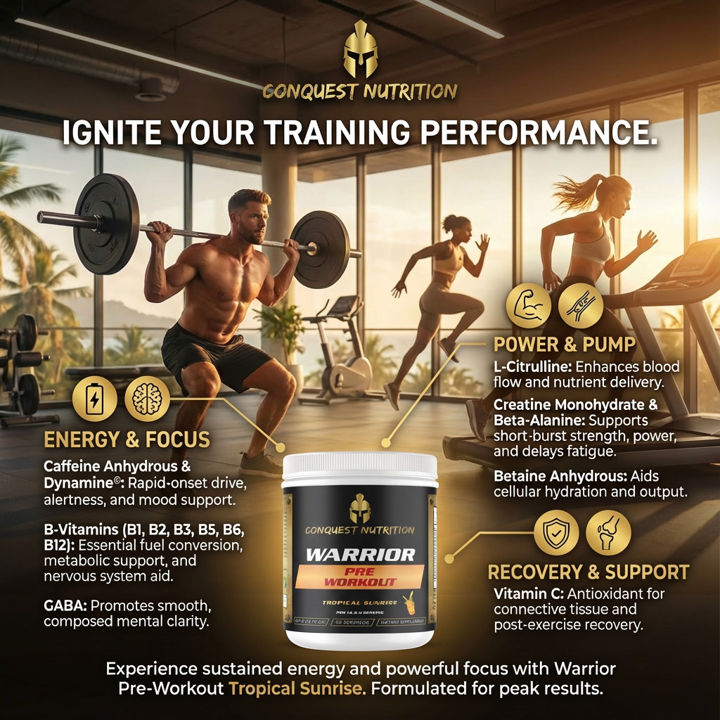 Conquest Warrior Pre Workout Tropical Sunrise 30 Servings Energy Focus Pump