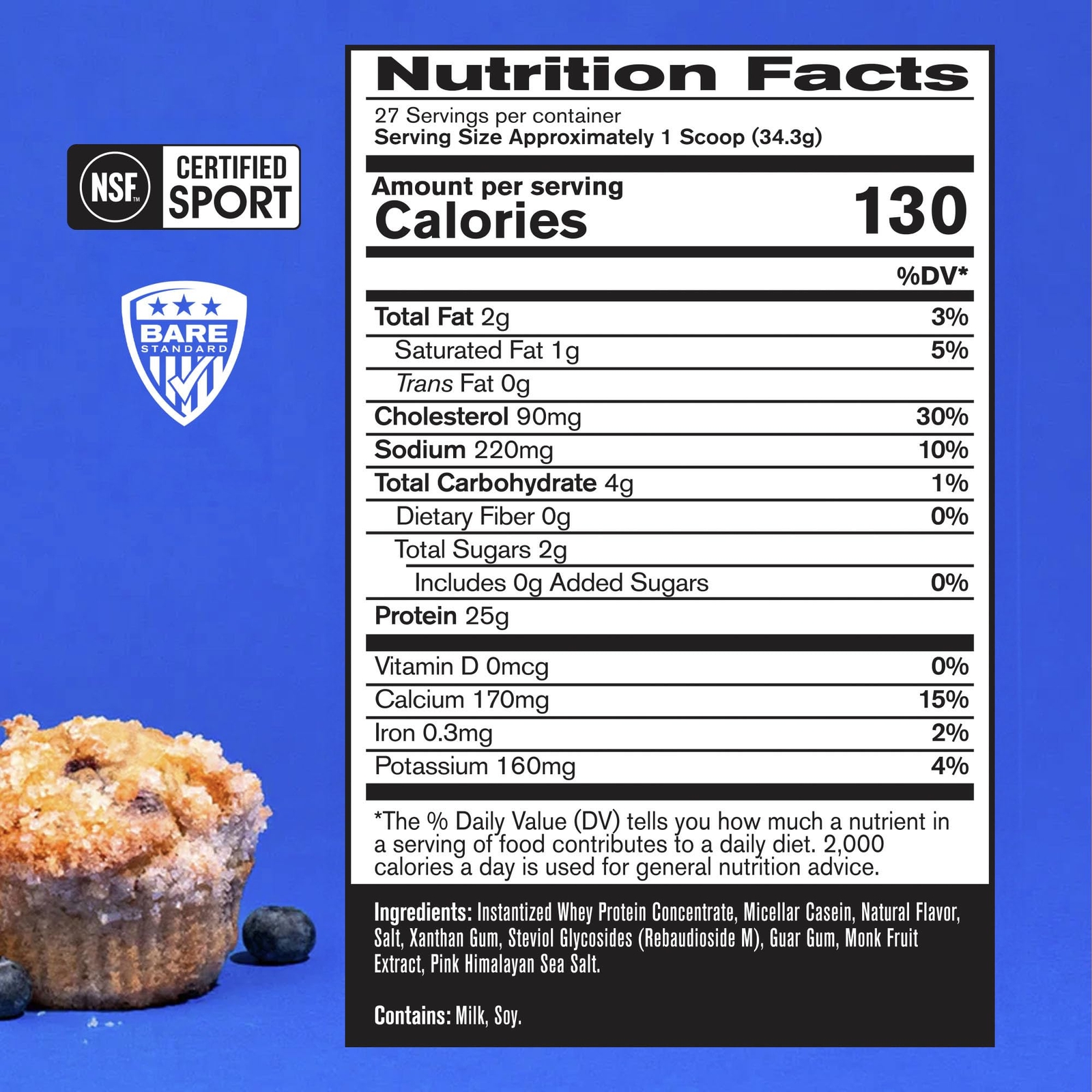 BARE PERFORMANCE NUTRITION BPN Whey Protein + Casein Protein Powder Blend Blu…