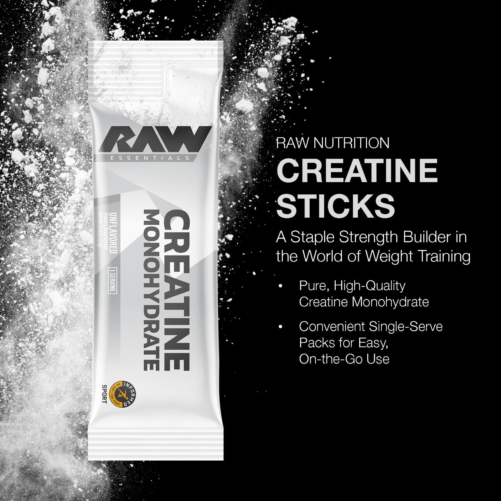 Creatine Monohydrate Stick Packs – Unflavored 5g, Muscle Strength & Recovery Sup