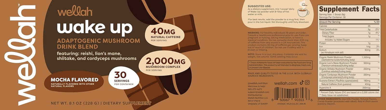Wake up Adaptogenic Mushroom Drink Blend Mocha Flavored (30 Servings) – 40Mg Nat