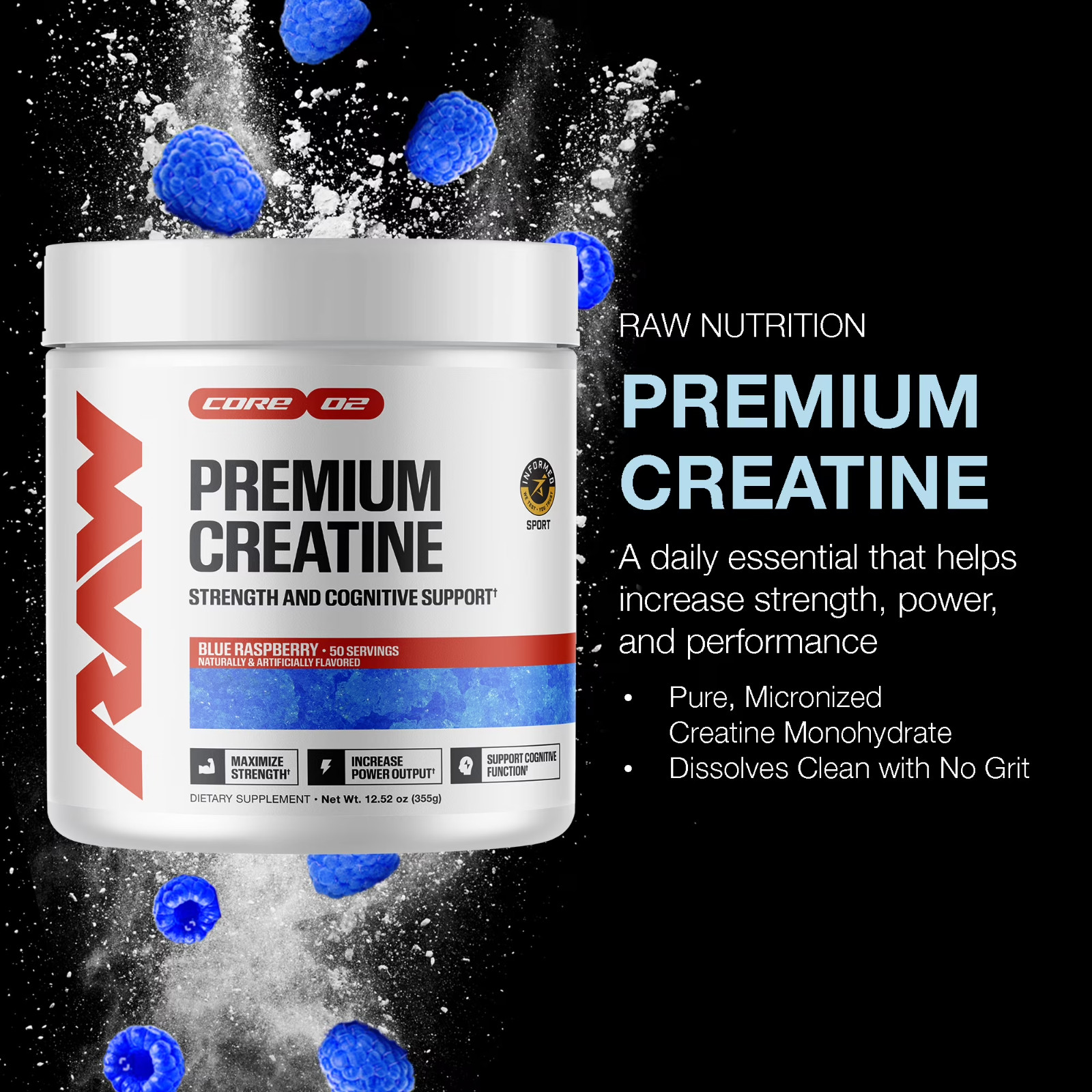 Raw Nutrition Essentials Creatine Monohydrate, Blue Raspberry, 50 Servings