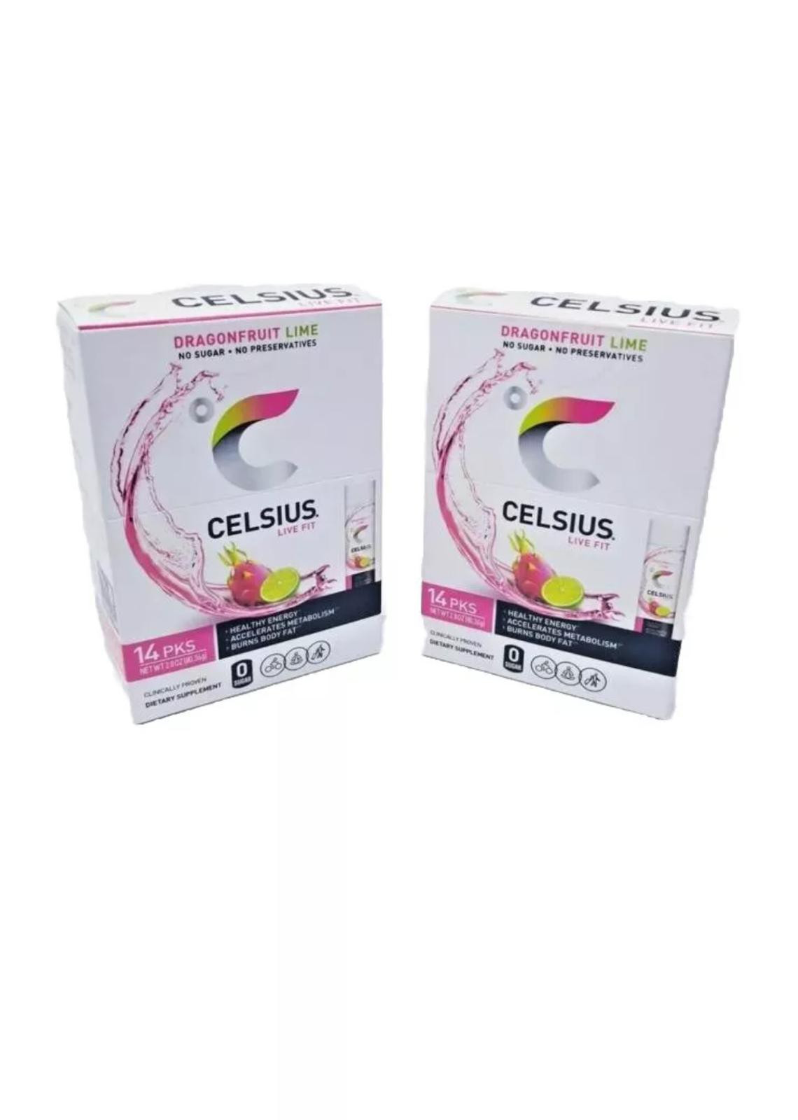 Celsius On-the-Go Powder Stick, Combo 2 Pack Dragon Lime Total 28 Sticks