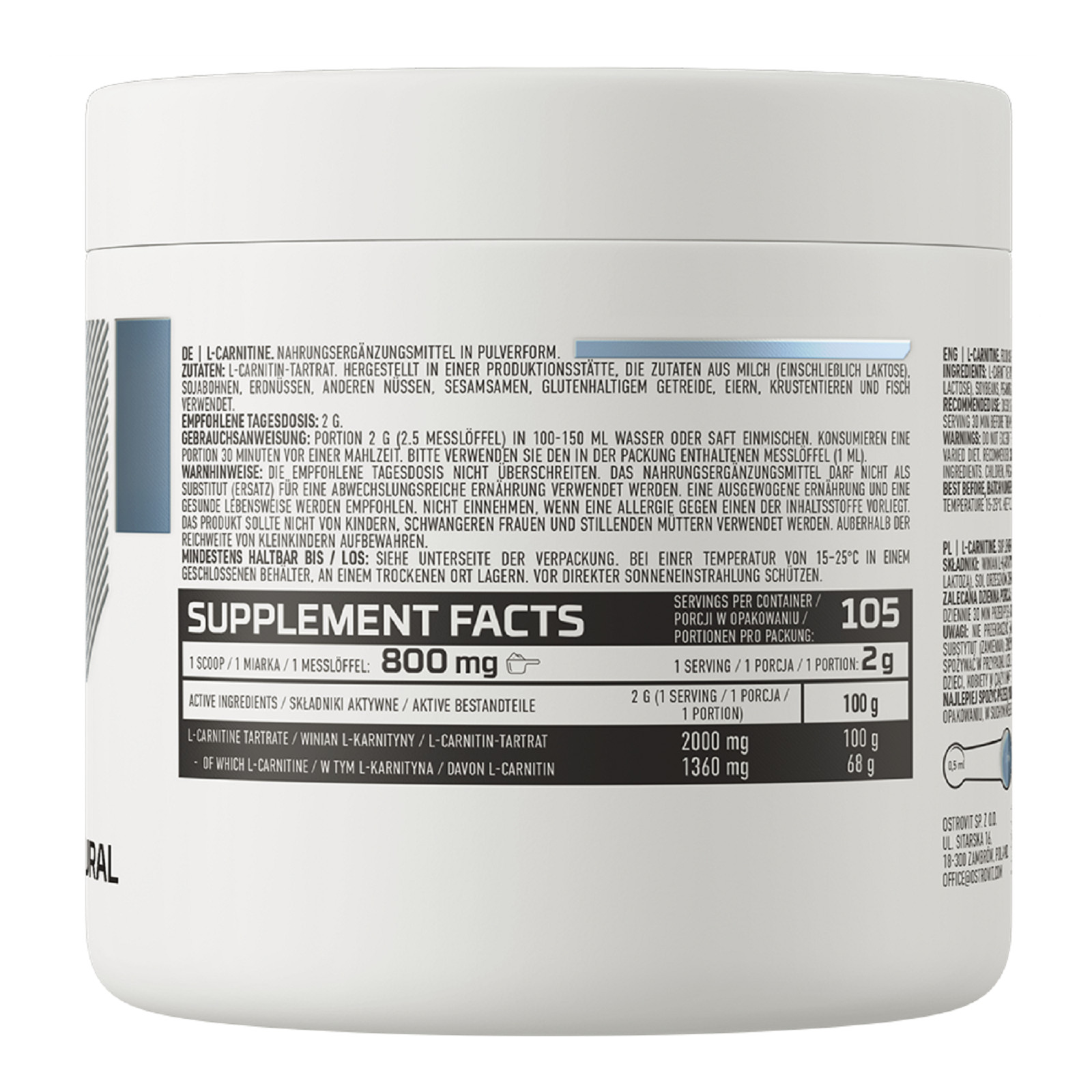 OSTROVIT L-CARNITINE 105 SERVINGS! Weight Loss – Turn Fat Into Energy Fat Burner