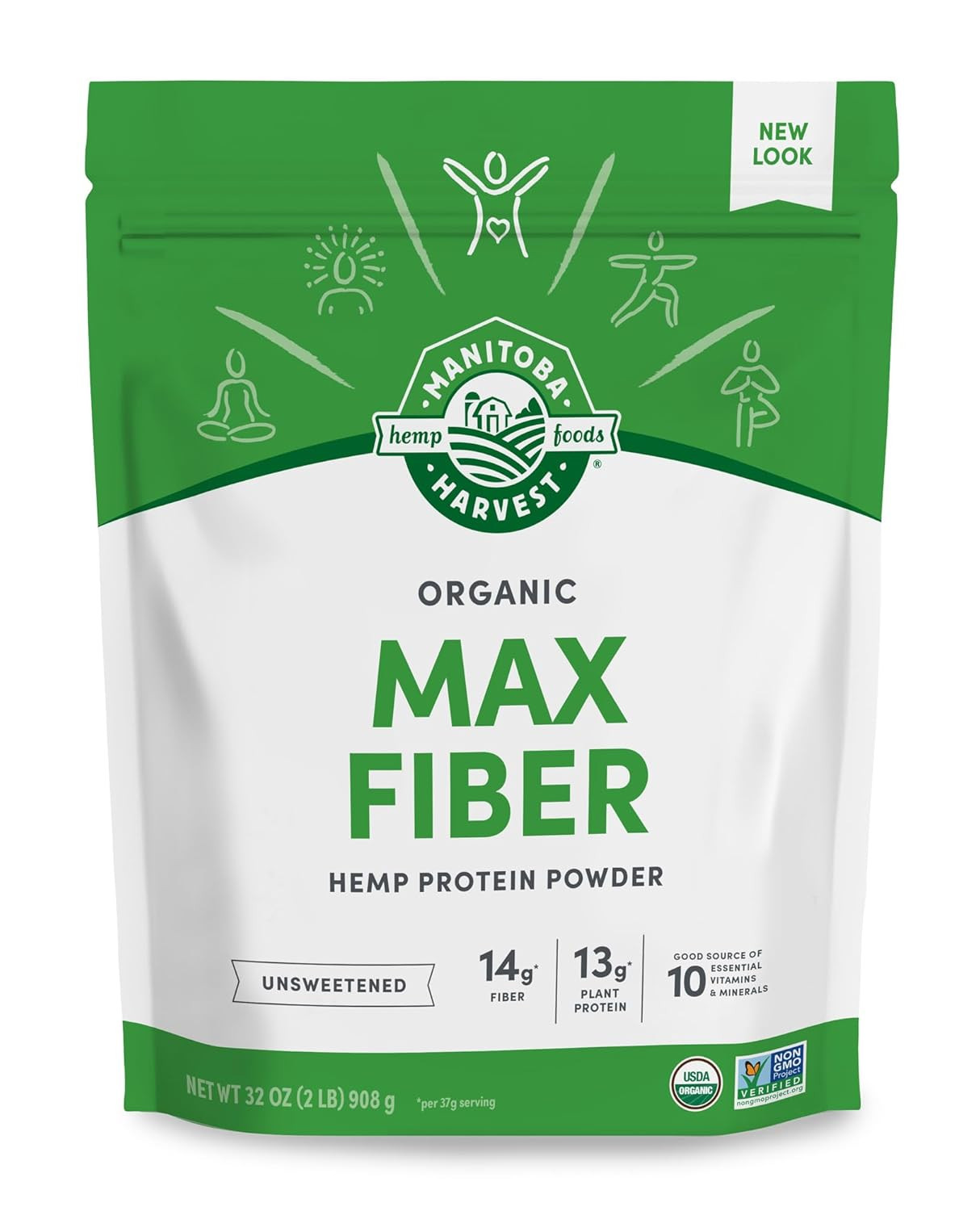 Hemp Yeah Organic Max Fiber Protein Powder, Unsweetened, 32Oz, with 13G of Fiber
