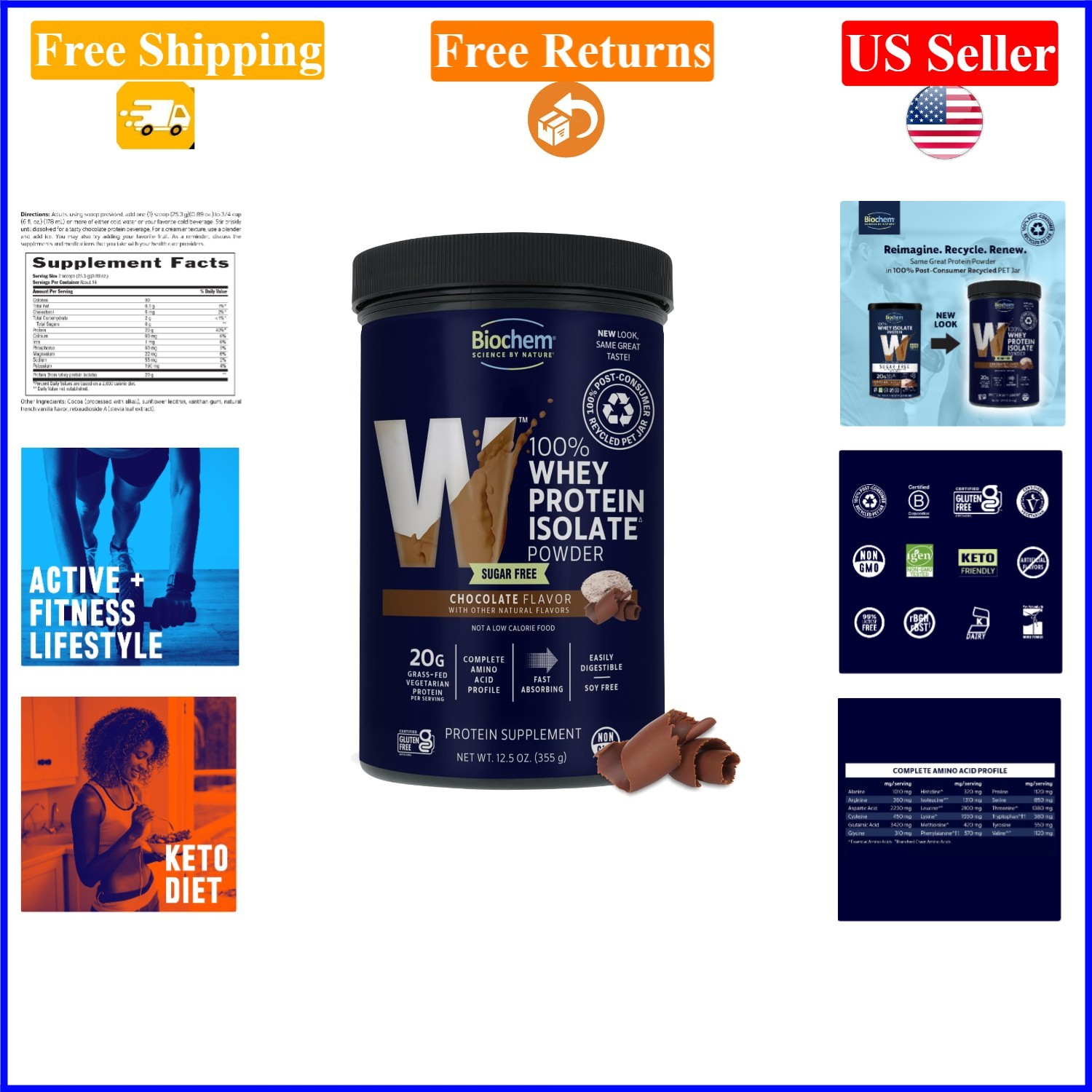 Sugar-Free Chocolate Whey Protein, 20g per Serving, 12.5oz, Vegetarian, Glute…