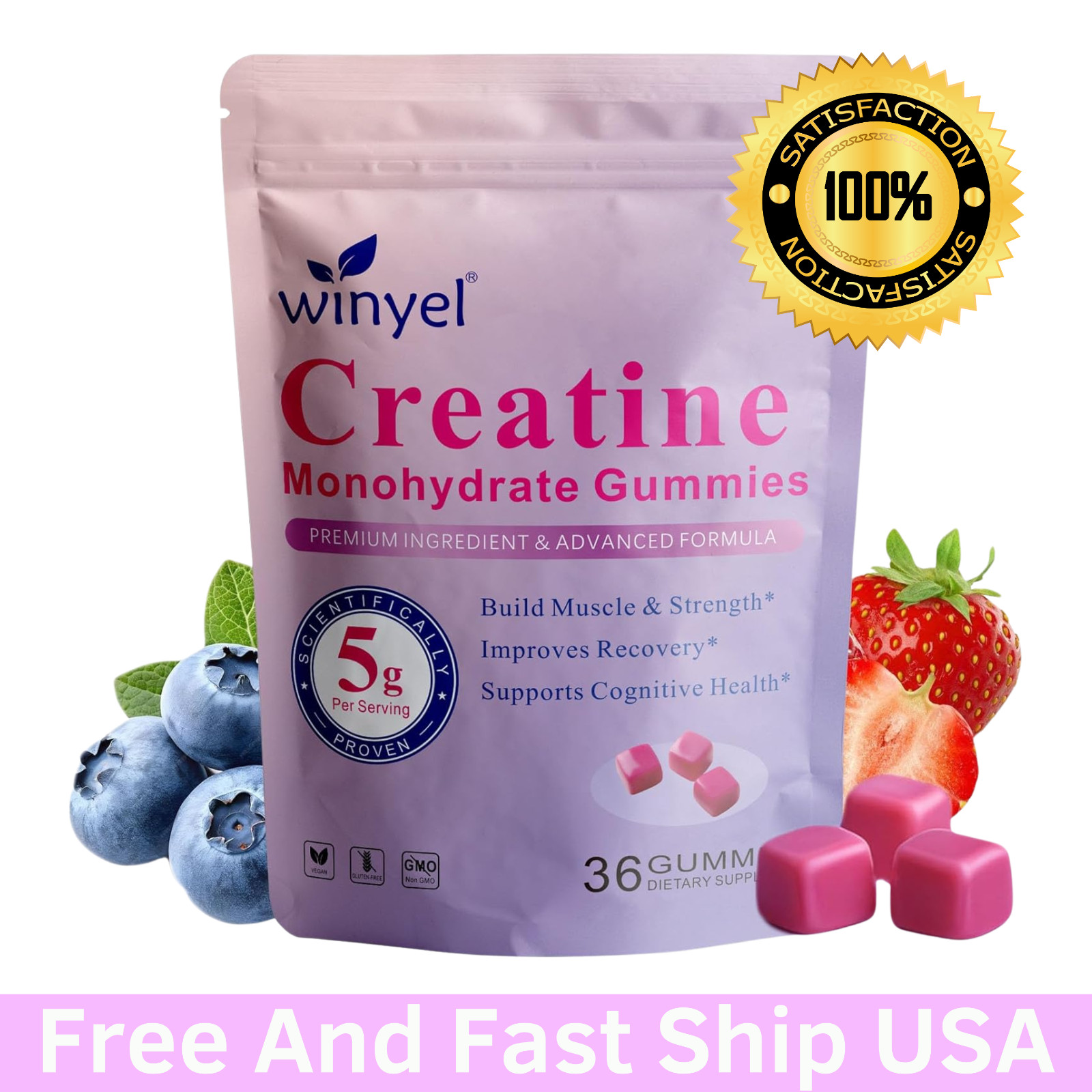 Creatine Monohydrate Gummies 5g 36 Ct Sugar Free Berry Flavor