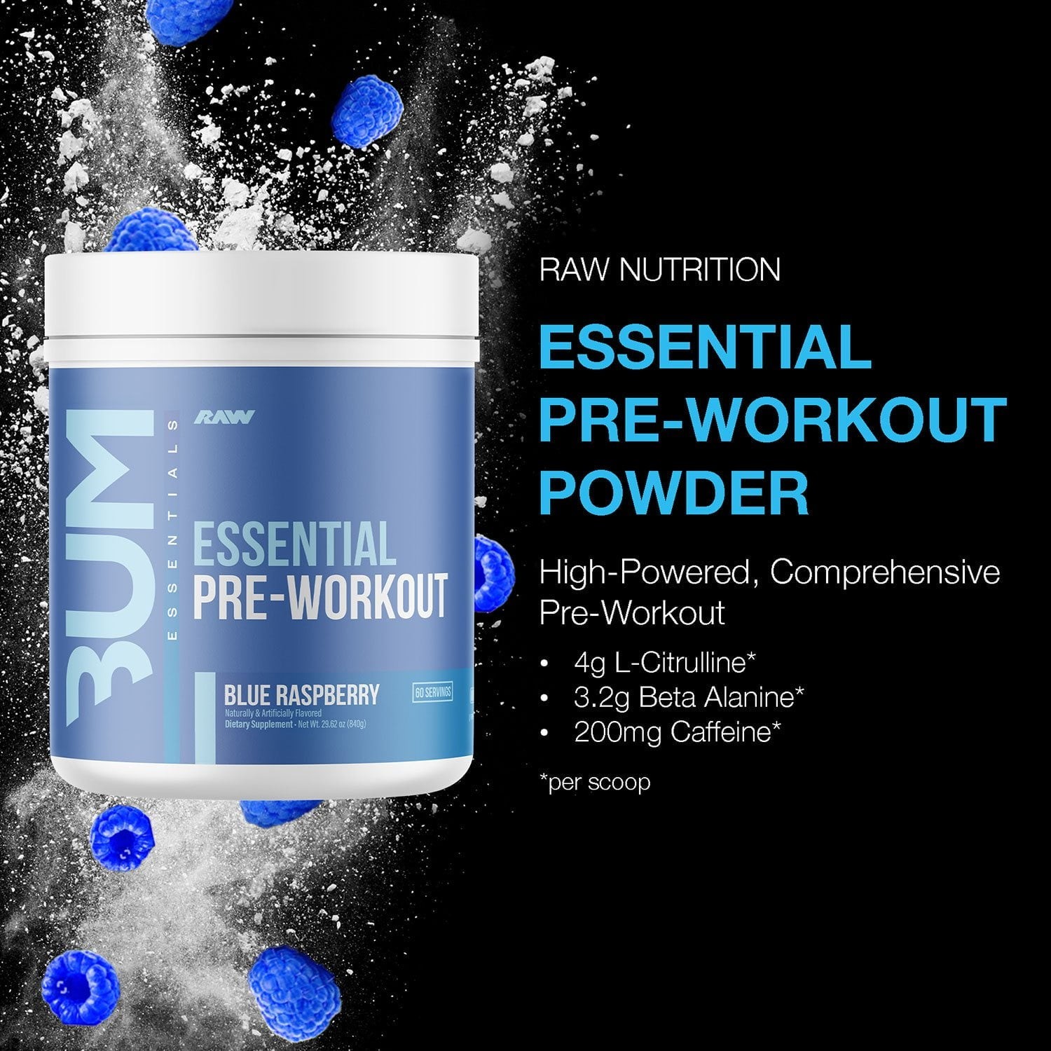 RAW Nutrition CBUM Essential Pre Workout Powder, Blue Raspberry, 1.78 lbs.