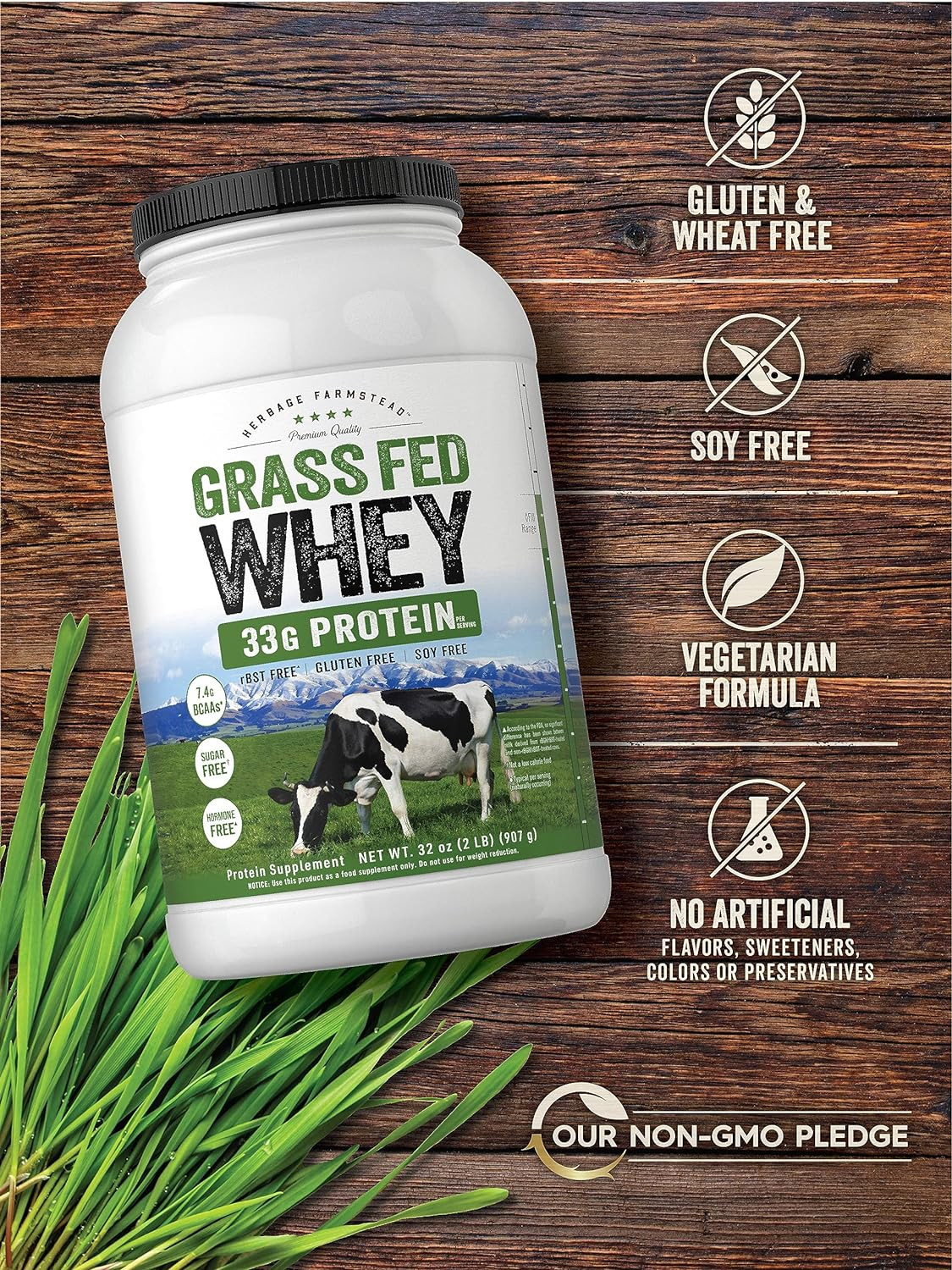 Grass Fed Whey Protein Powder 2Lb 33G of Protein per Serving Unflavored Sugar an