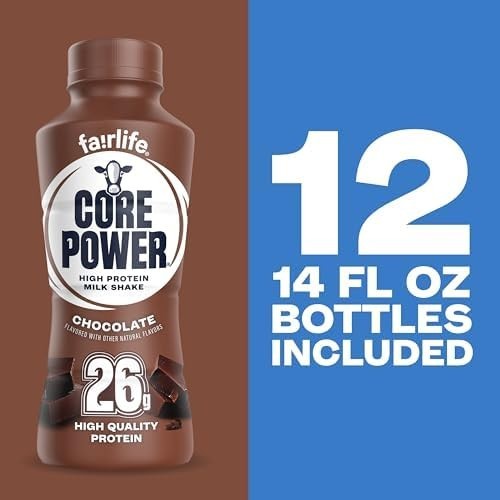 Core Power Protein Shake, Chocolate, 26g Bottle, 14oz, 12 Pack BB 8/10/2026