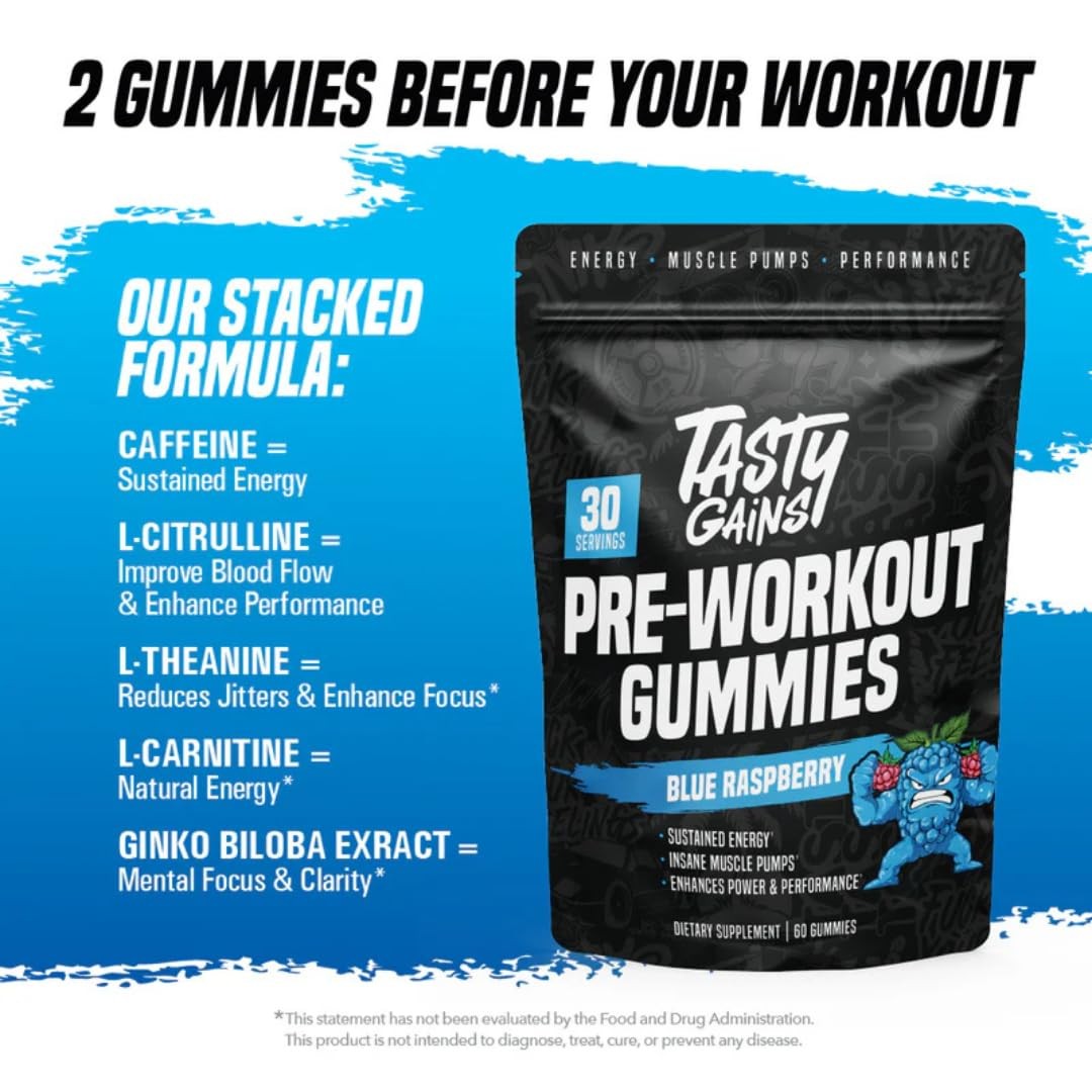 Tasty Gains – Pre-Workout Gummies Energy Focus Boost Caffeine Gummies For Men