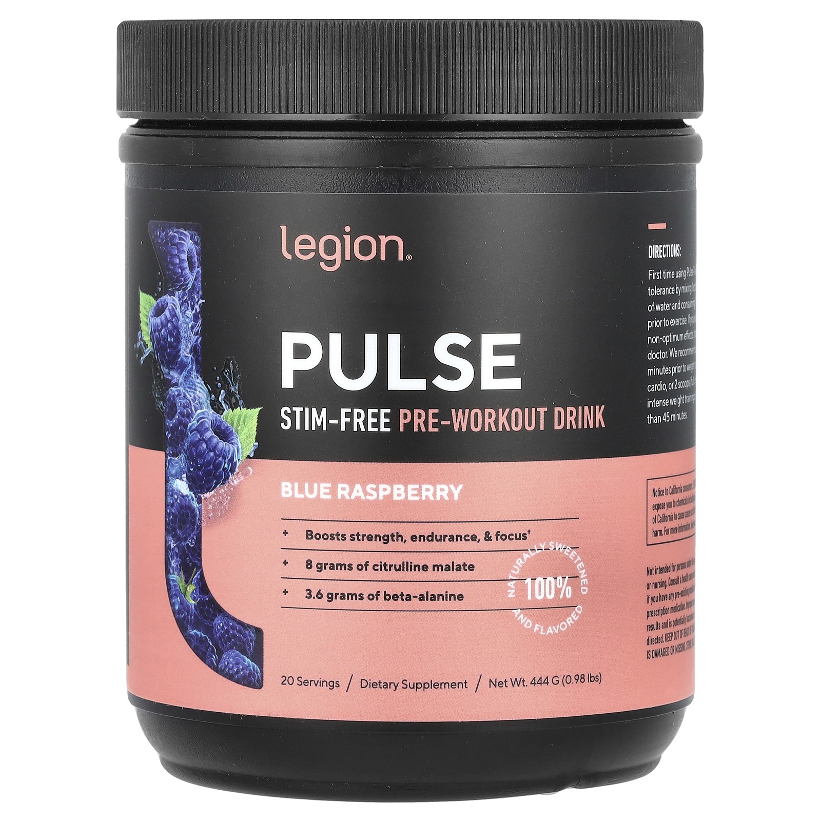 Pulse, Stim-Free Pre-Workout Drink, Blue Raspberry, 0.98 lbs (444 g)
