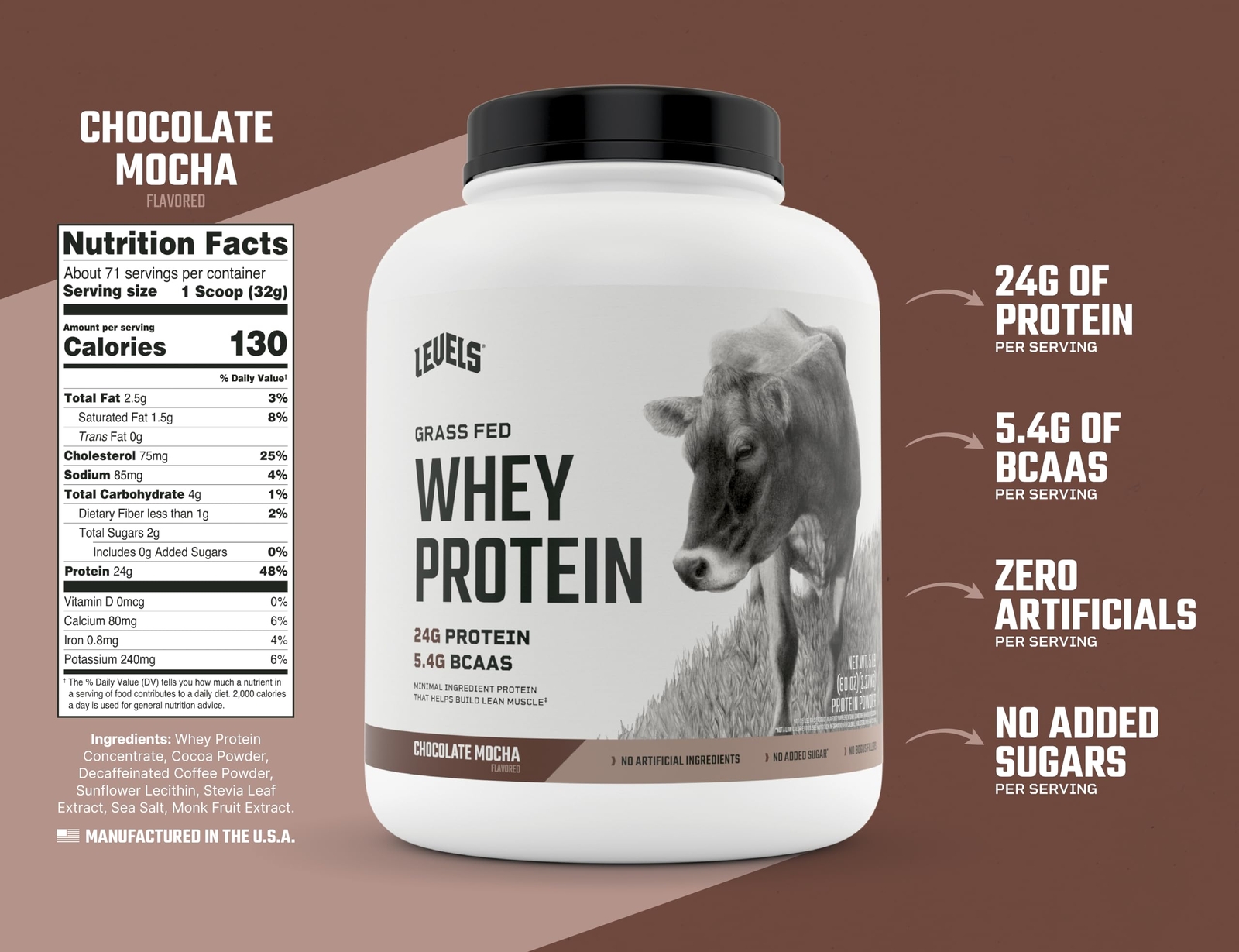 Levels Chocolate Mocha Whey Protein Powder 71 Servings 24g Protein per Scoop