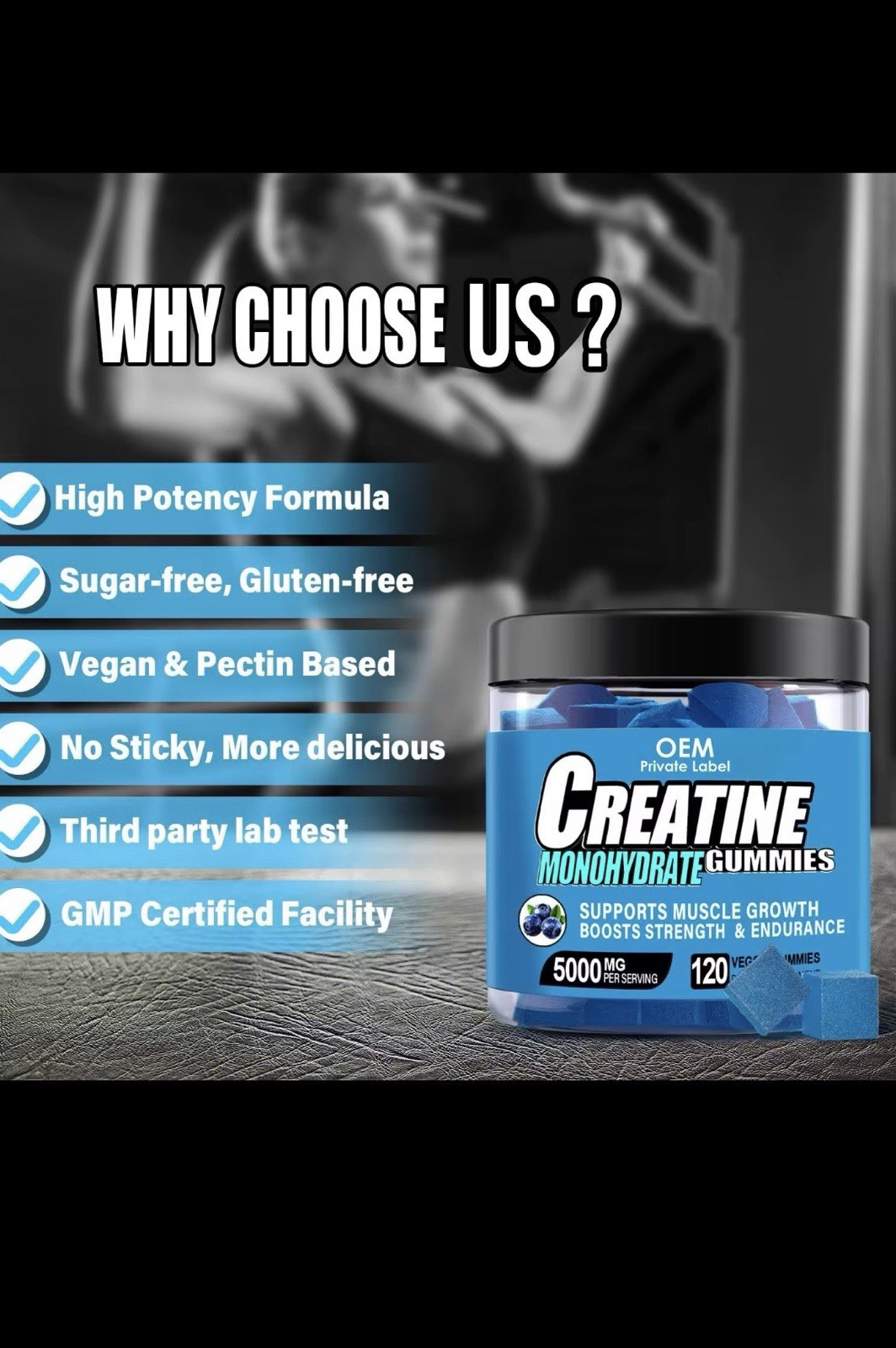 OEM Private Label Creatine Monohydrate Gummies 5000mg 120 Sugar Free Vegan