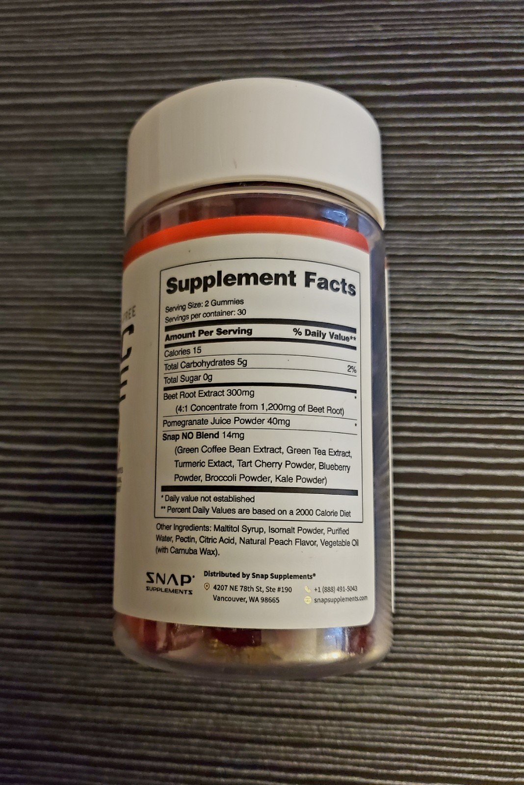 Snap Supplements Nitric Oxide Beet Root 60 Peach Gummies Sugar Free Heart Health