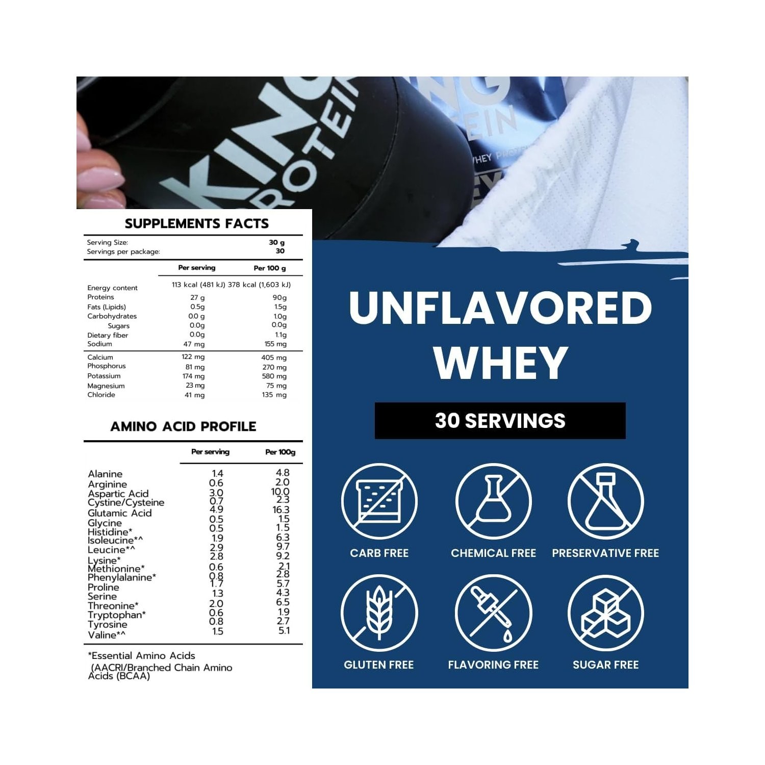 Unflavored Whey Protein Isolate 27g Per Serving for Muscle Growth 30 Servings