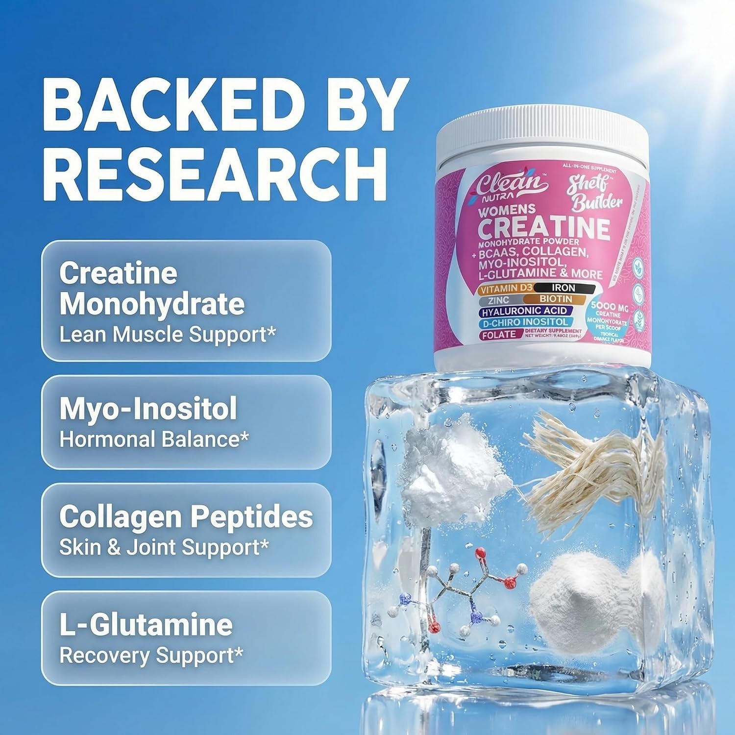 Creatine Monohydrate Powder for Women BCAA Collagen Biotin Hyaluronic Acid D3