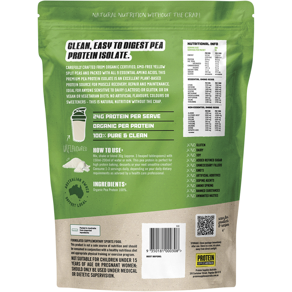 Protein Supplies Australia Pea Protein Isolate Unflavoured 500g