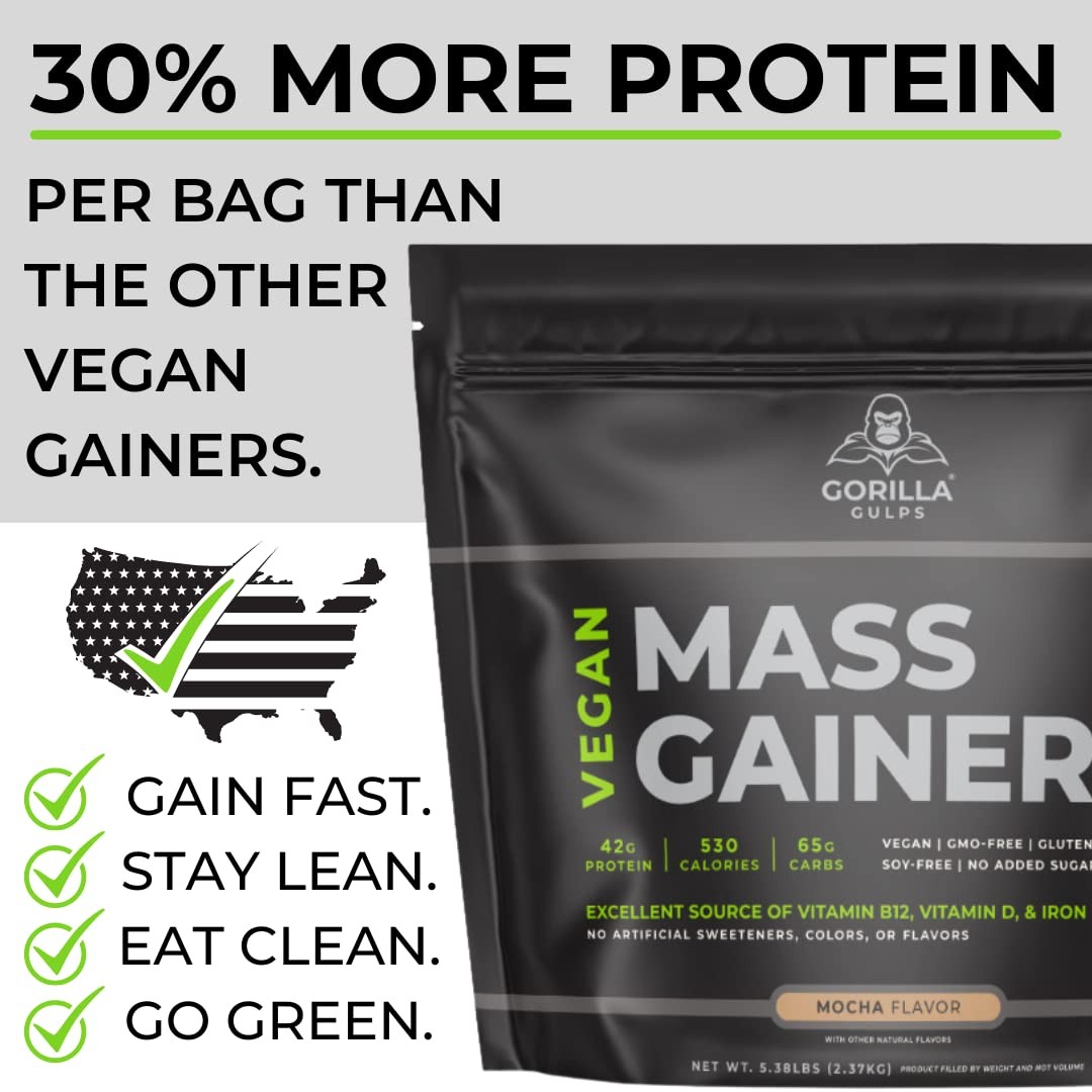 Gorilla Gulps Mocha Vegan Mass Gainer 5 Lb Natural High Calorie Protein Powder